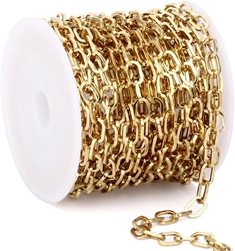 16.5FT 18K Gold PVD Plated Paperclip Chains Roll, 5mm Gold Stainless Steel Paperclip Link Chains Spool Bulk for Jewelry Making