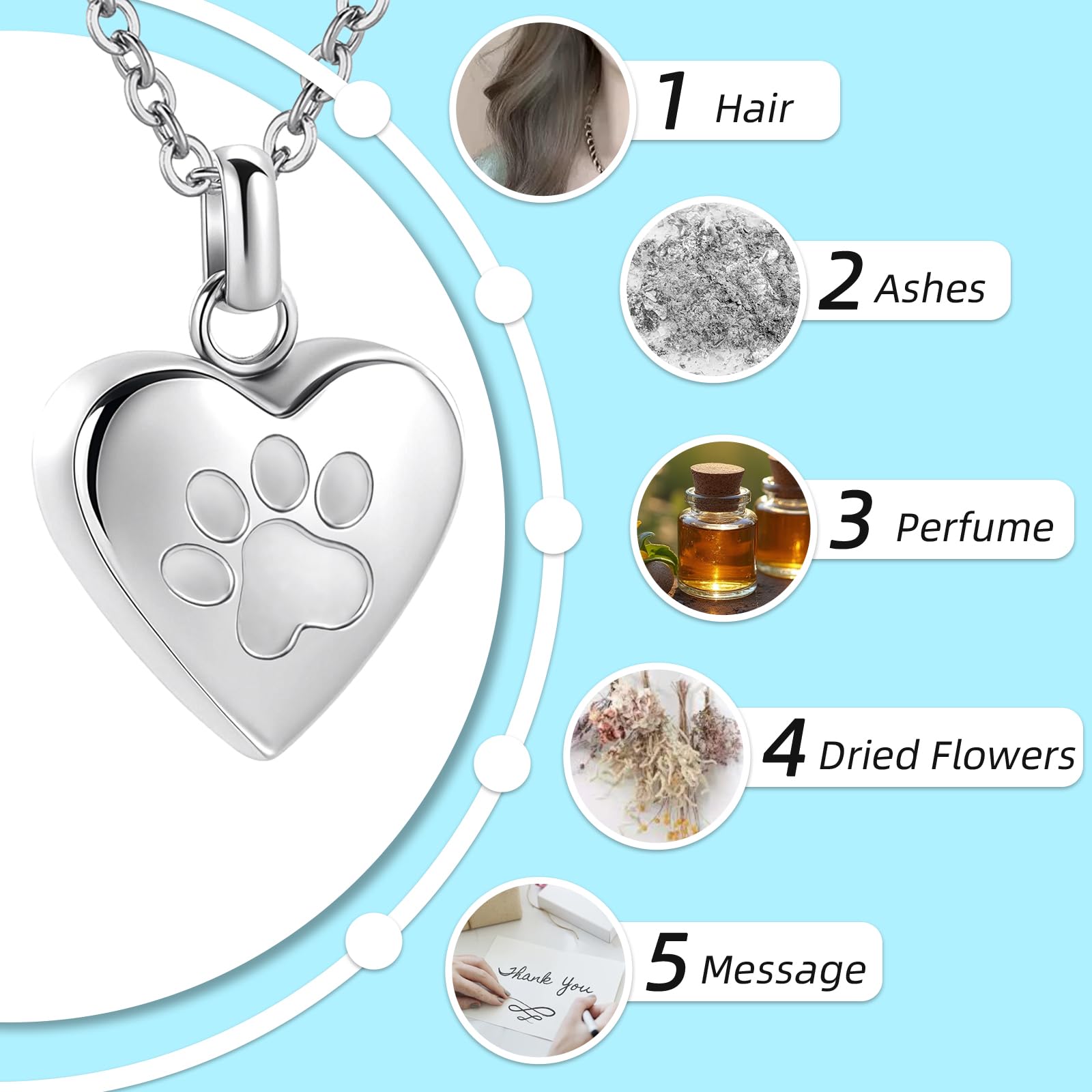Collana commemorativa con urna commemorativa per ceneri di cane/gatto a forma di cuore per animali domestici, urna commemorativa con impronta di zampa, gioiello commemorativo per ceneri