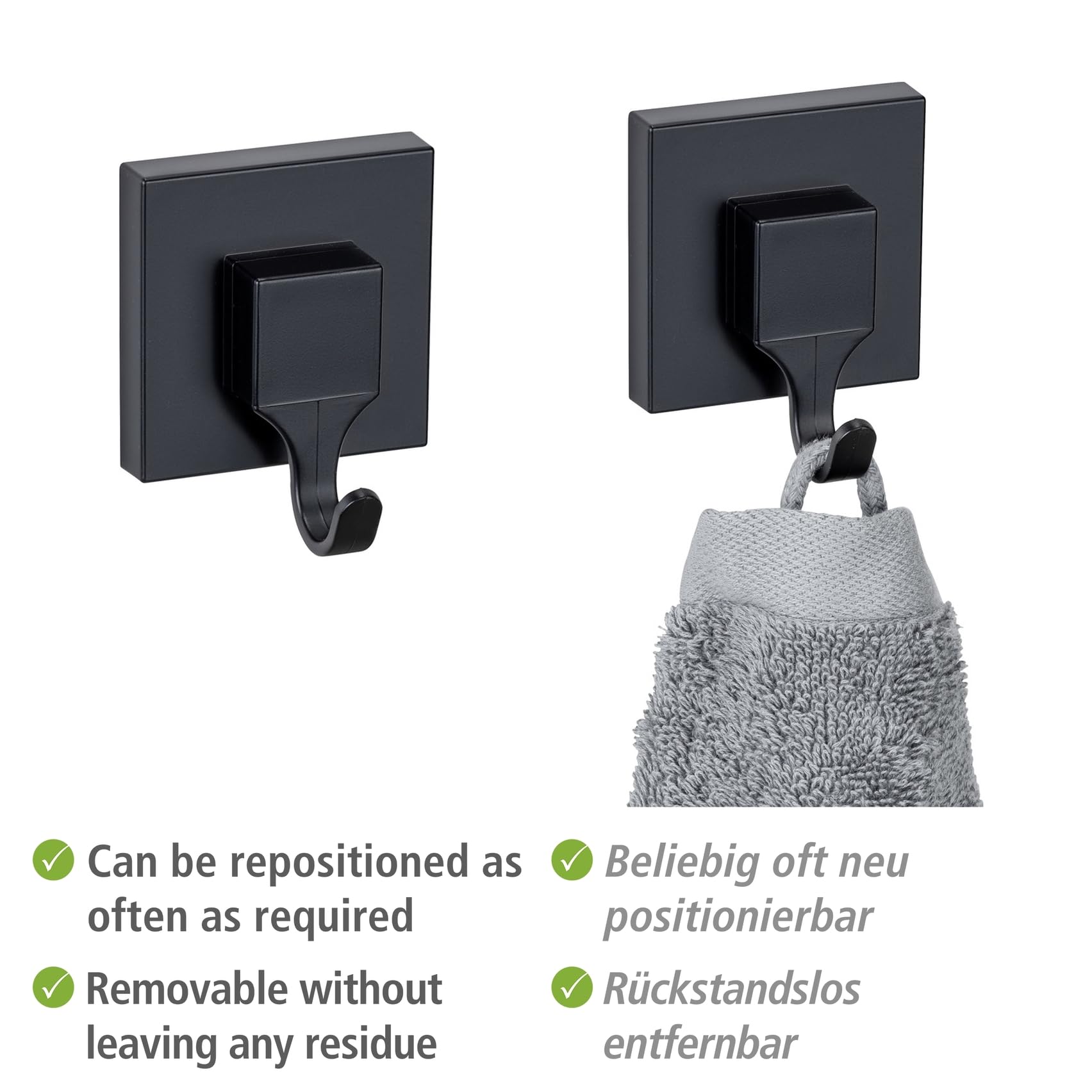 WENKO Vacuum-Loc® haczyki ścienne Quadro zestaw 2 haczyków łazienkowych z tworzywa sztucznego, mocowanie bez wiercenia, kolor czarny