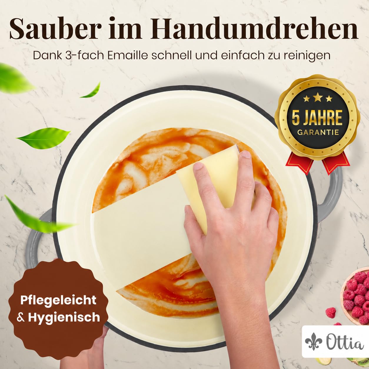 Ottia Gusseisen Topf [inkl. eBook] – Emaille Topf 26cm - Dutch Oven, Brotbackform, Brotbacktopf, Schmortopf Bräter mit Deckel, Bratentopf - auch für Induktion | Händler aus HH, Grau