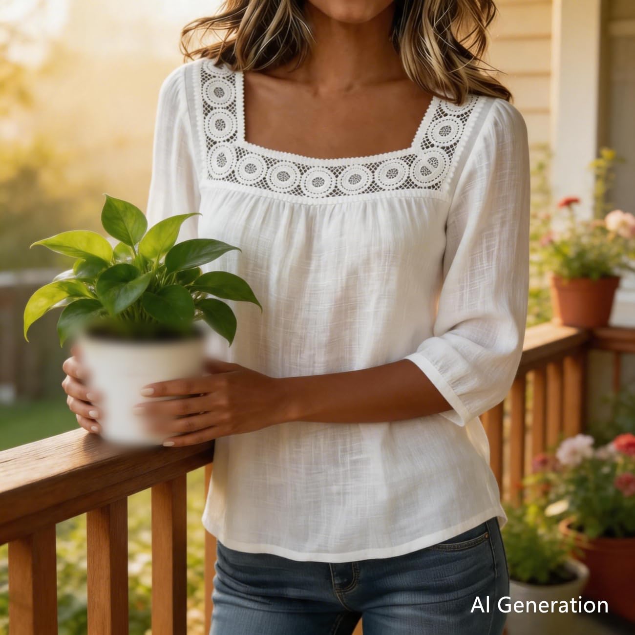 Generico Top da Donna a Maniche a 3/4 Stile Boho con Scollo Quadrato, Finiture all'Uncinetto, vestibilità Ampia ed Elegante, in Garza Traforata con Pizzo