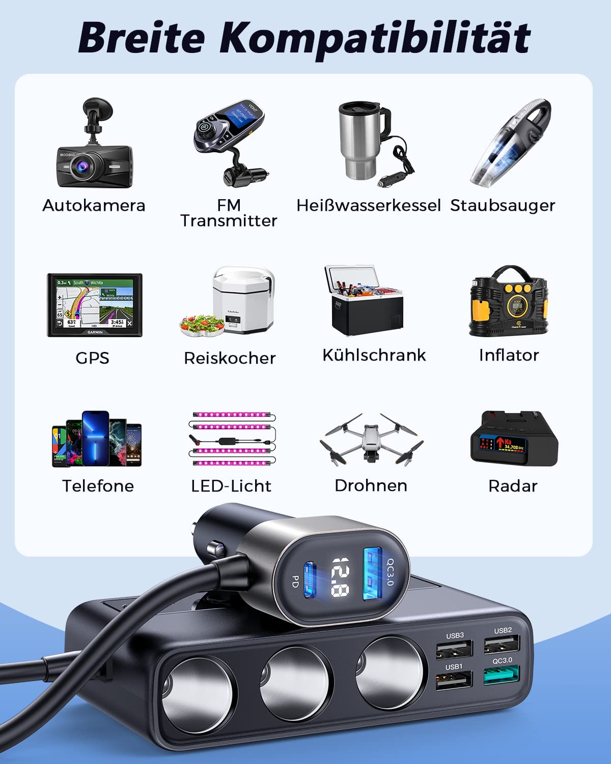 JOYROOM 210W Zigarettenanzünder Verteiler 9 IN 1,【2026 Upgrade】 Auto KFZ Ladegerät Adapter, 3 Fach 12V/24V Stecker Ladekabel Splitter mit 5 USB Anschlüsse für iPhone 17/iPad/Dashcam/GPS/Sitzheizung