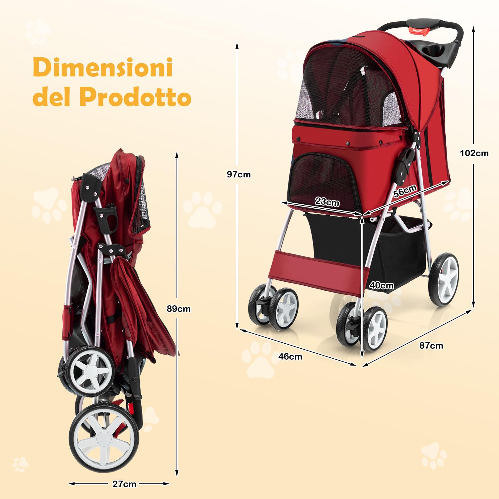 COSTWAY Passeggino per Cani, Carrozzina per Cani Pieghevole Fino a 15 kg, 4 Ruote con Finestra a Rete Porta Bicchiere e Cesto, Passeggino Portatile per Animali Piccola e Media (Rosso)