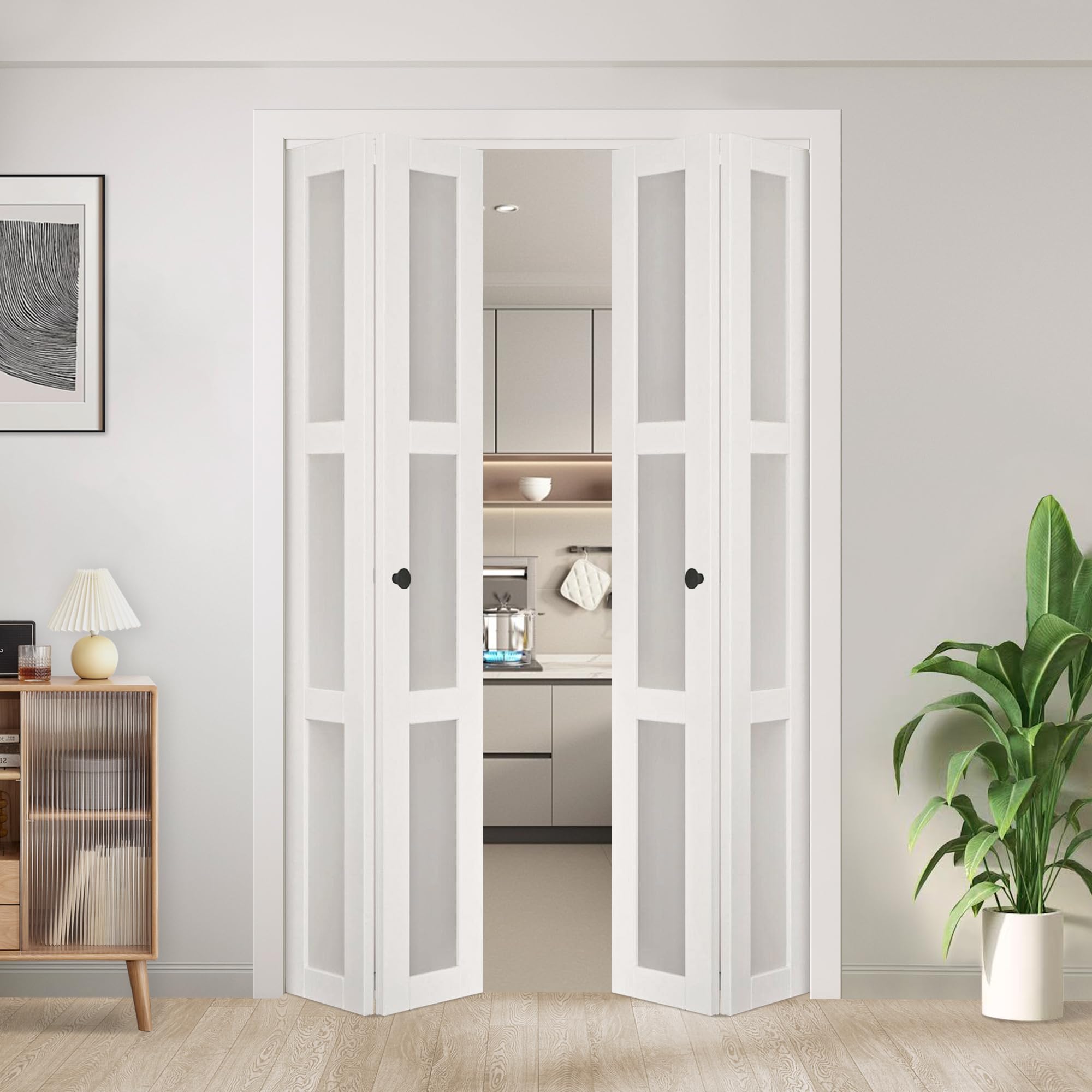 Bifold Doors, for 48"x 80" Opening, JUBEST 3-lite Tempered Frosted Glass Closet Folding Barn Door with Hardware Kit, Solid Wood Closet Door with MDF & Water-Proof PVC Surface, White