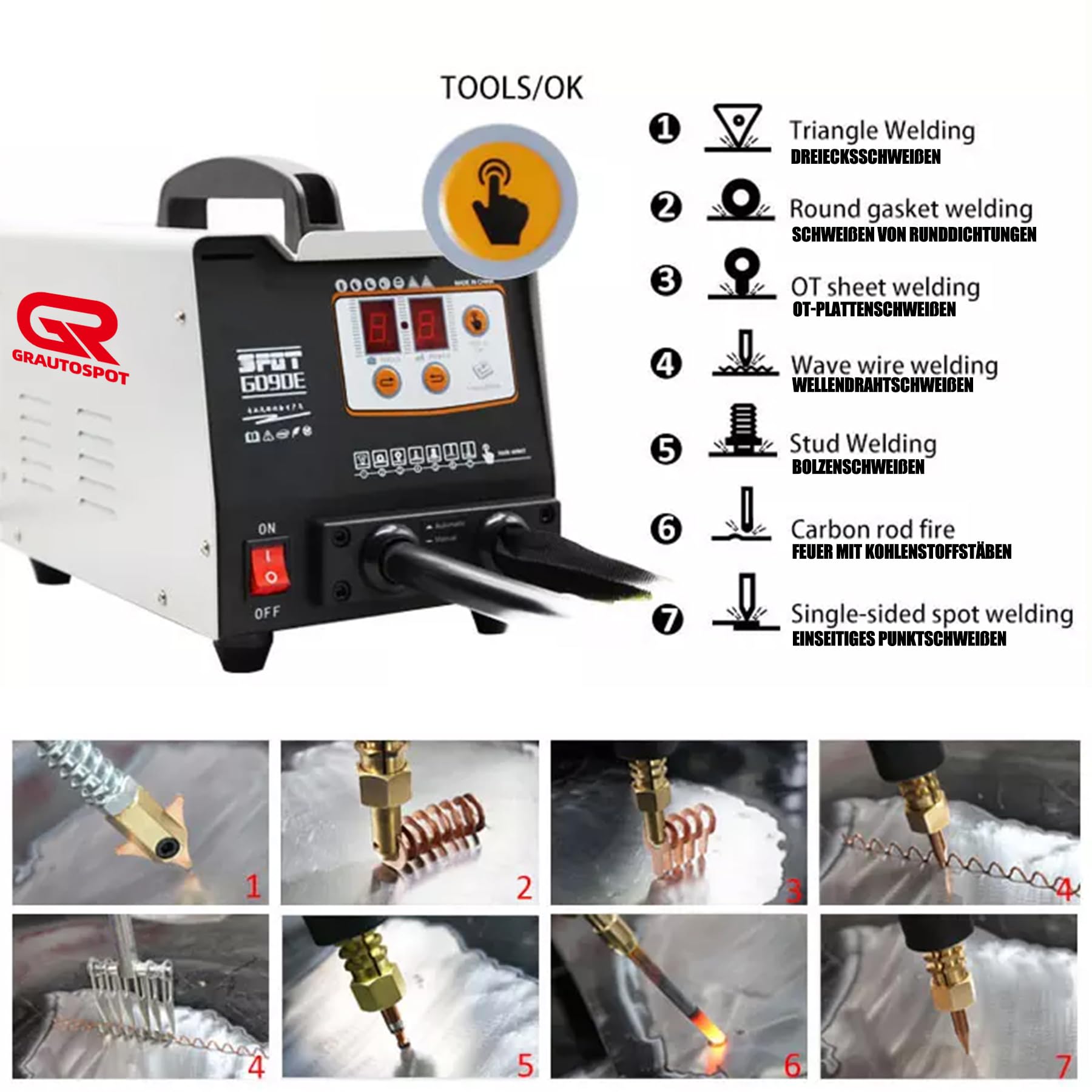 F90E - Spotter di scarico per carrozzeria, 5 modalità, 1,8 KW, 3500 A, saldatrice a punti, 0,6 – 1,2 mm, spessore di saldatura, spotter Dent Puller per saldatura continua, bullone