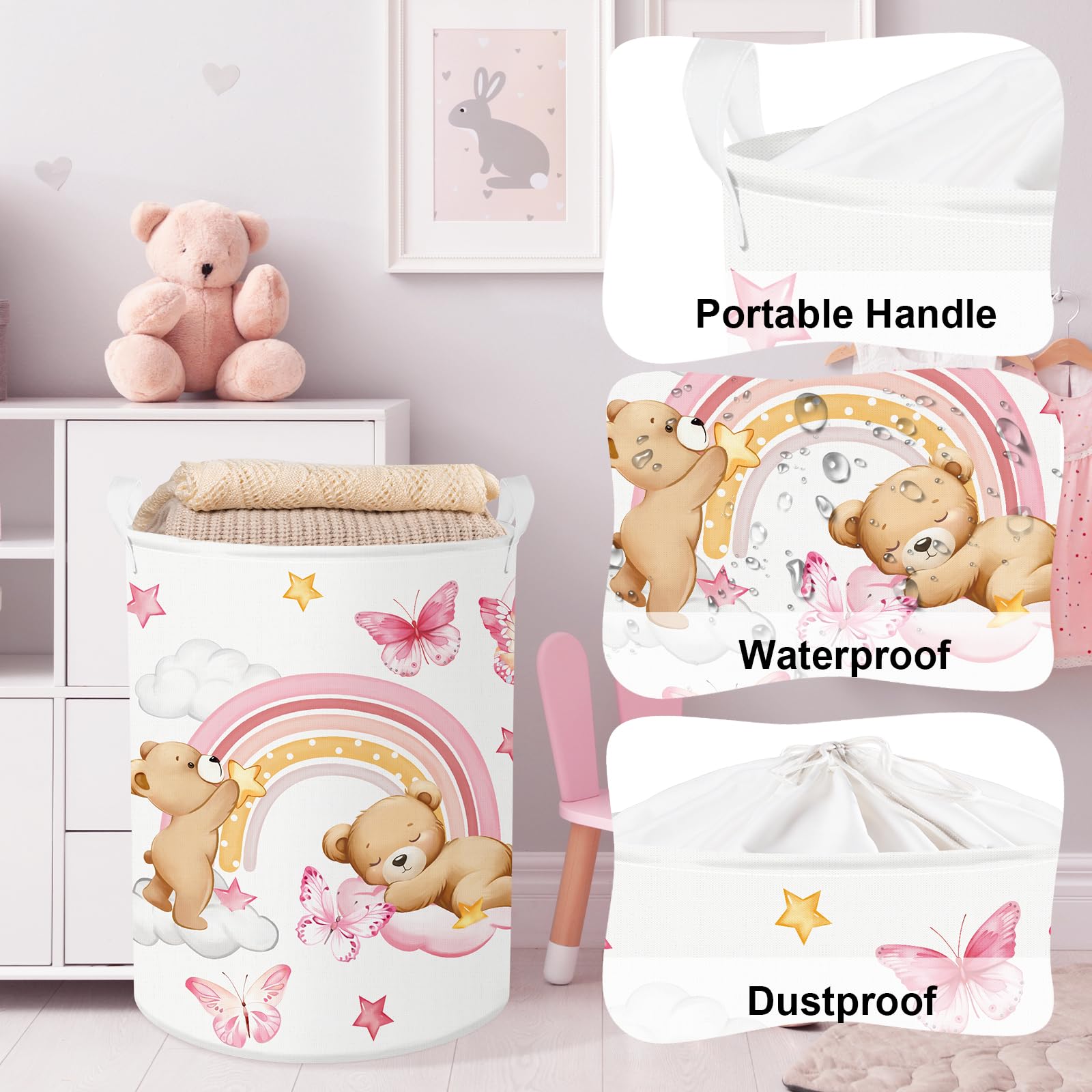 Clastyle Rainbow Baby Laundry Hamper Folding Clothes Kids Storage Basket Waterproof Girls Toy Box for Bedroom Bear, 36x45 cm - Image 4