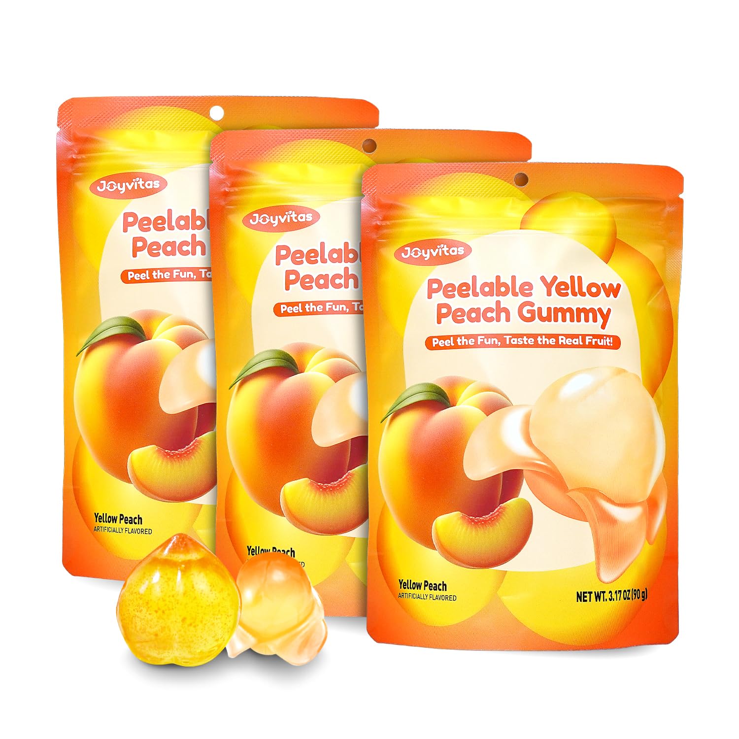 Peelable Gummy Yellow Peach Candy, Peeling Gummies Yellow Peach Candy Variety Pack – Natural Juicy Flavor, Low Sugar & Low Calorie, Individually Wrapped Resealable Snacks (3 Pack, 9.53oz Each)