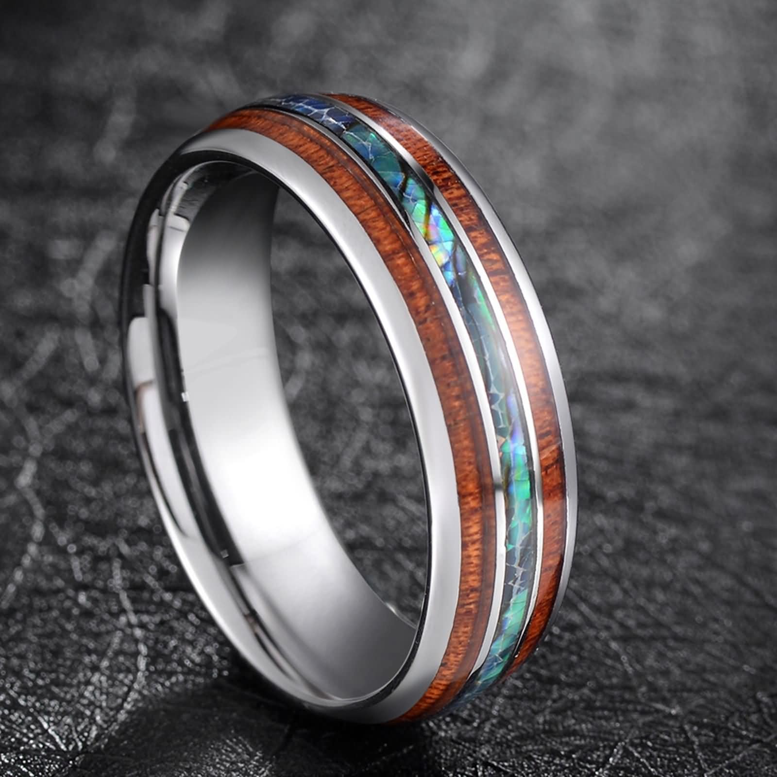 Anillo de Tungsteno Grabados para Hombre, 8MM Redondo con Concha y Grano de Madera Anillo Matrimonio Plata Hombre