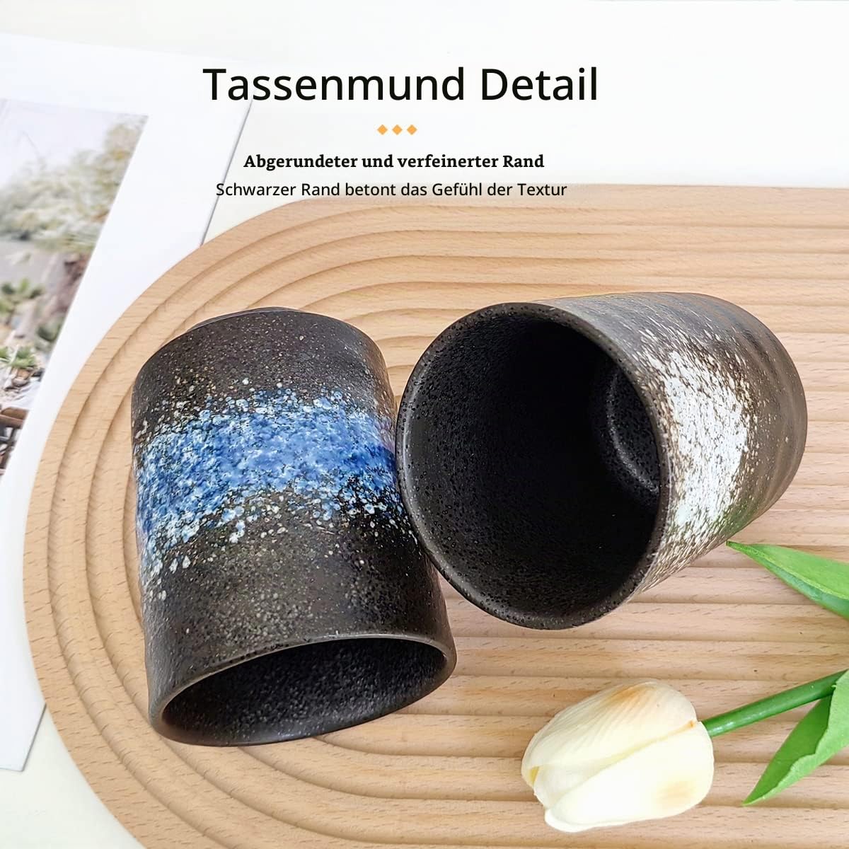 Japanisch Keramik Teetasse Ohne Henkel 2er Set, Schwarz 275ML | Vintage Chinesische Keramik Teebecher für Kaffee, Tee, Zuhause & Büro
