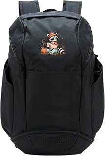 Cute Raccoon Girl Drinking Coffee Tea Autumn Leaves Pumpkin Sport Backpack