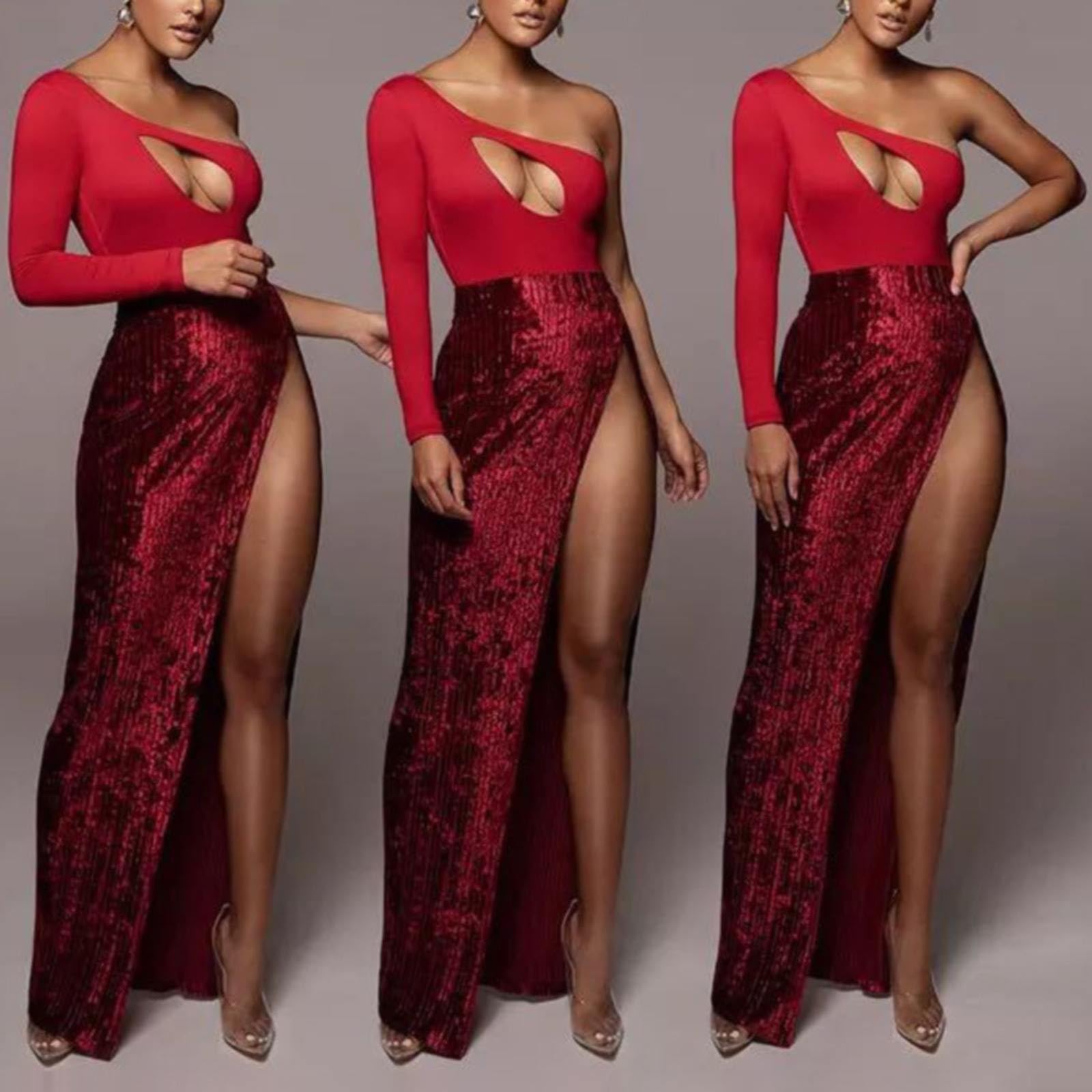 Femmes Printemps Minceur Rayures Élégant Haute Split Paillettes Couleur Unie Jupe Pantalon avec Cousu, Bordeaux, S