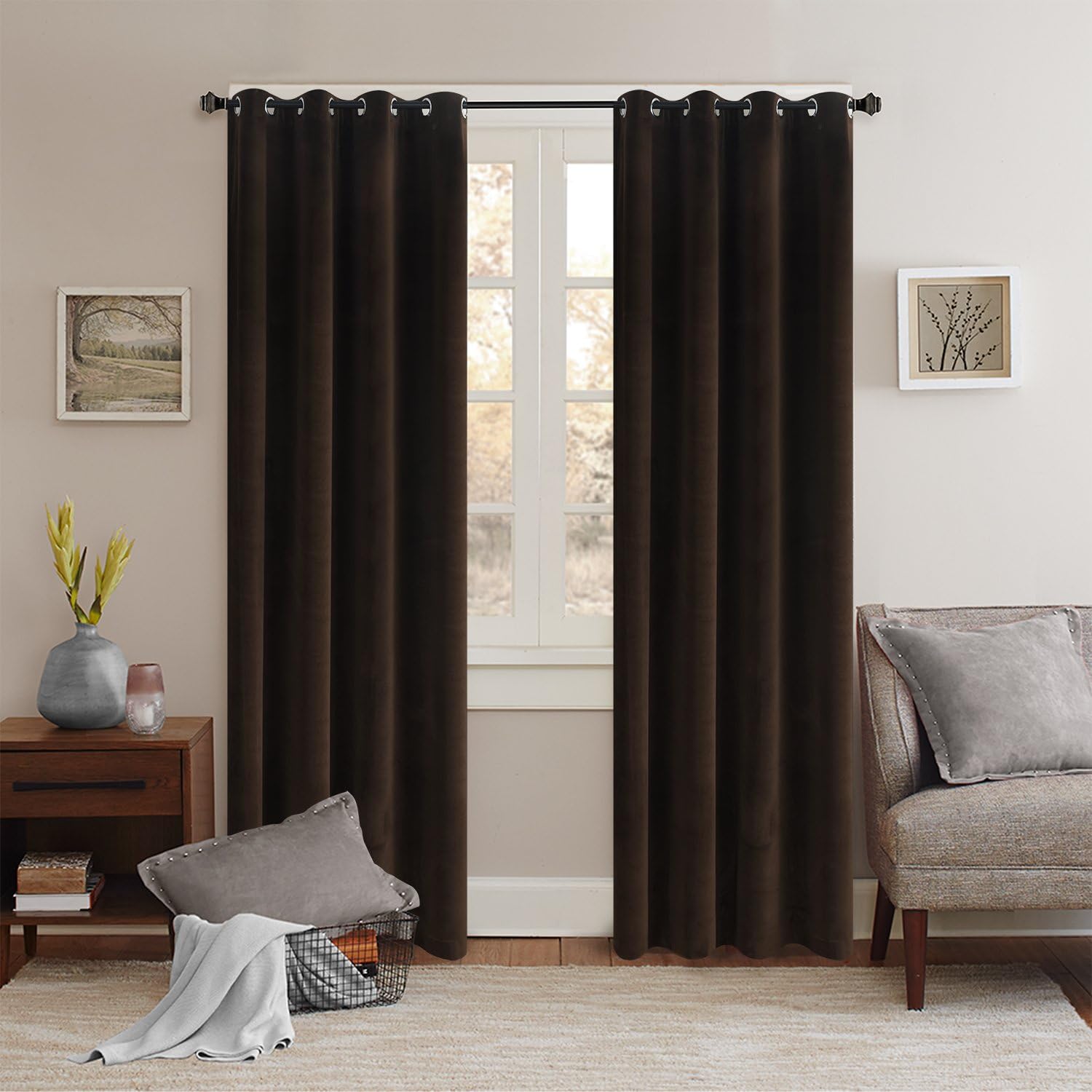 Nauxcen Velvet Curtains 50x84 Inch 2 Panels Chocolate Grommet 70% Blackout Darkening Curtains for Bedroom Living Room