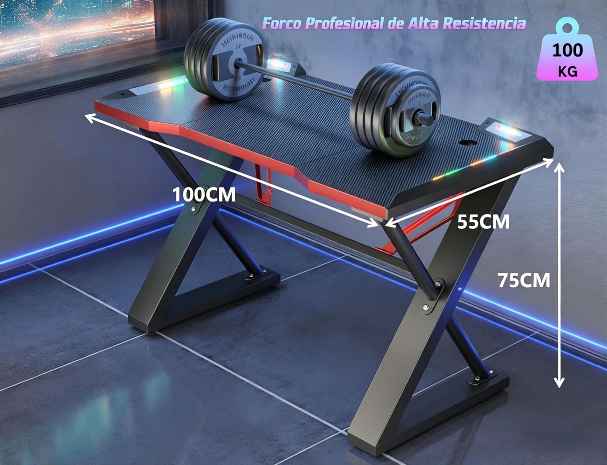 Mesa Gamer 100 * 55 cm z LED, Mesa Gamer ze Wzmocnioną Konstrukcją Z, Powłoką z Karbonu, Stół dla Graczy PC Łatwy w Montażu, Czarny Karbon