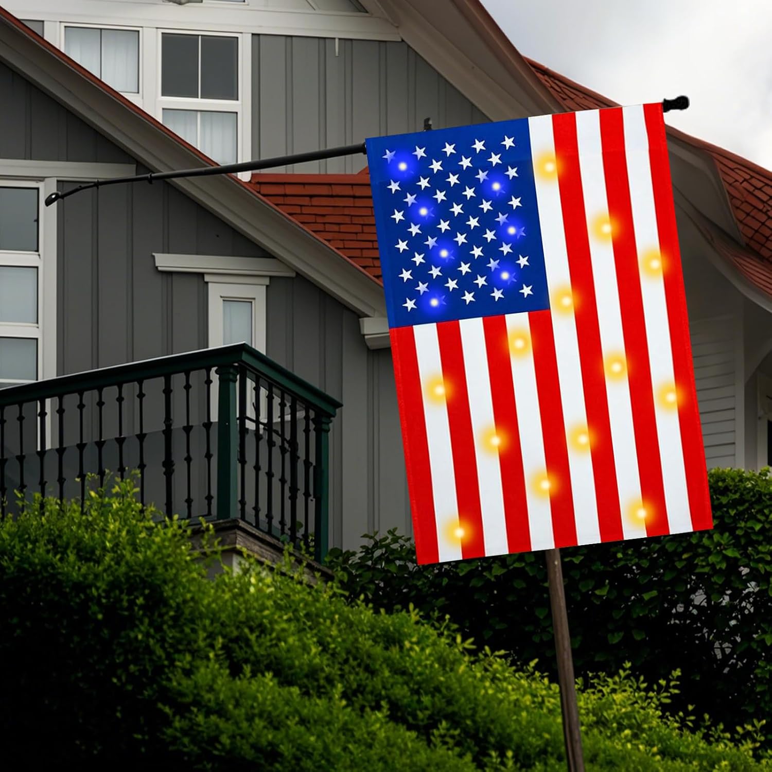 12 x 18 Inch American Flag with Lights- Solar LED Doubside US Flag, Luminable Yard Garden Flag for Patio Lawn Outside Outdoor Decorative,with Blue Light, Warm White Light