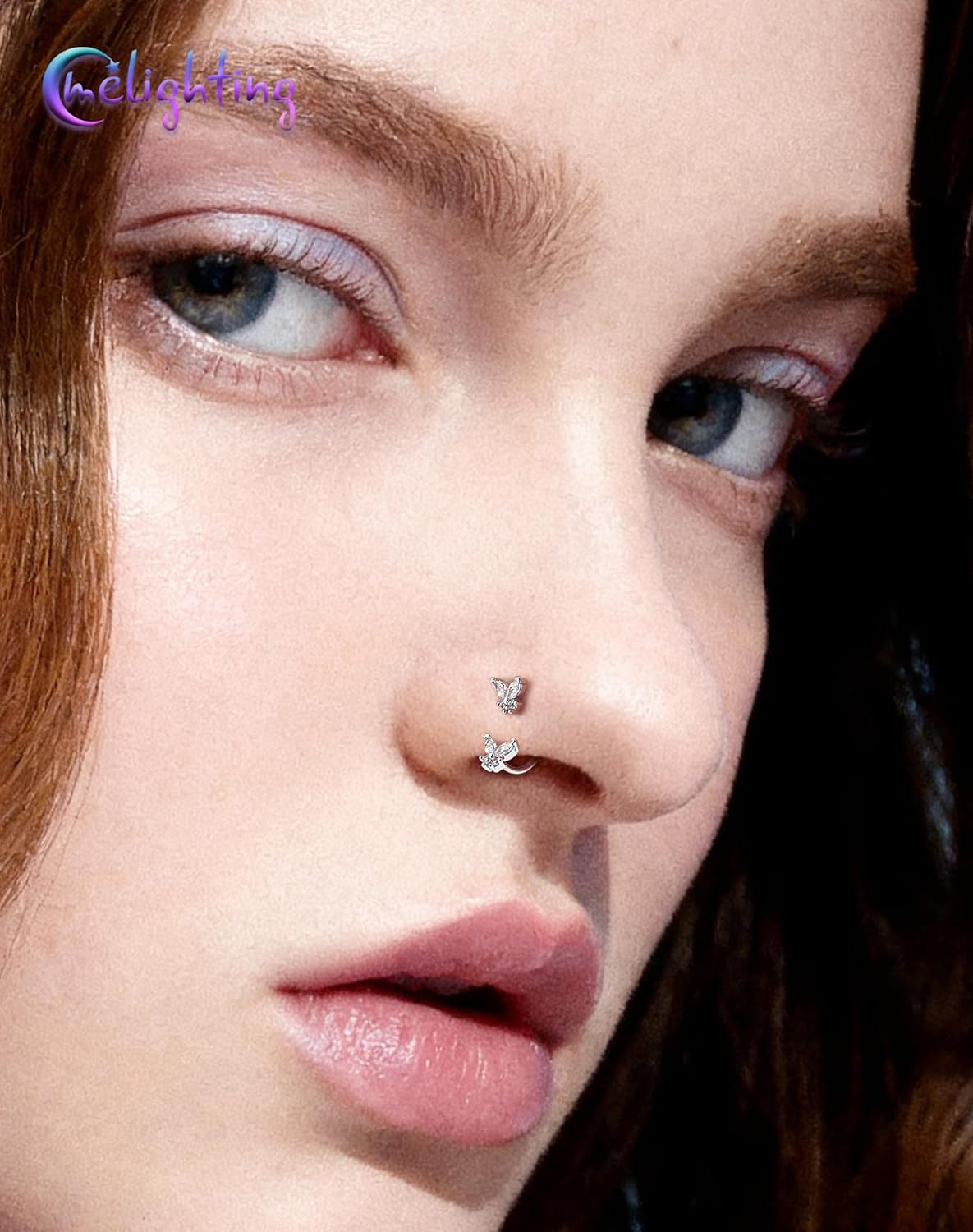 Melighting 20G Butterfly Horseshoe Push Pin Nose Ring Hoop, Piercing Taper Ball Grabber Tool 316L Surgical Steel, CZ Clear Nose Septum Daith Lip Rook Helix Piercing Jewelry Set 7mm/8mm
