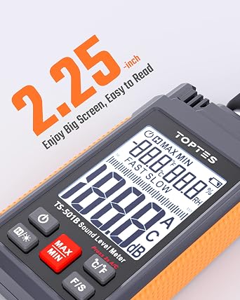 Decibel Meter, TopTes TS-501B Sound Level Meter with 2.25 Backlit LCD Screen, Portable SPL Tester with A/C Weighted, Range 30-130dB, MAX/MIN, Data Hold, Use for Home, Noisy Neighbor, Factory - Orange