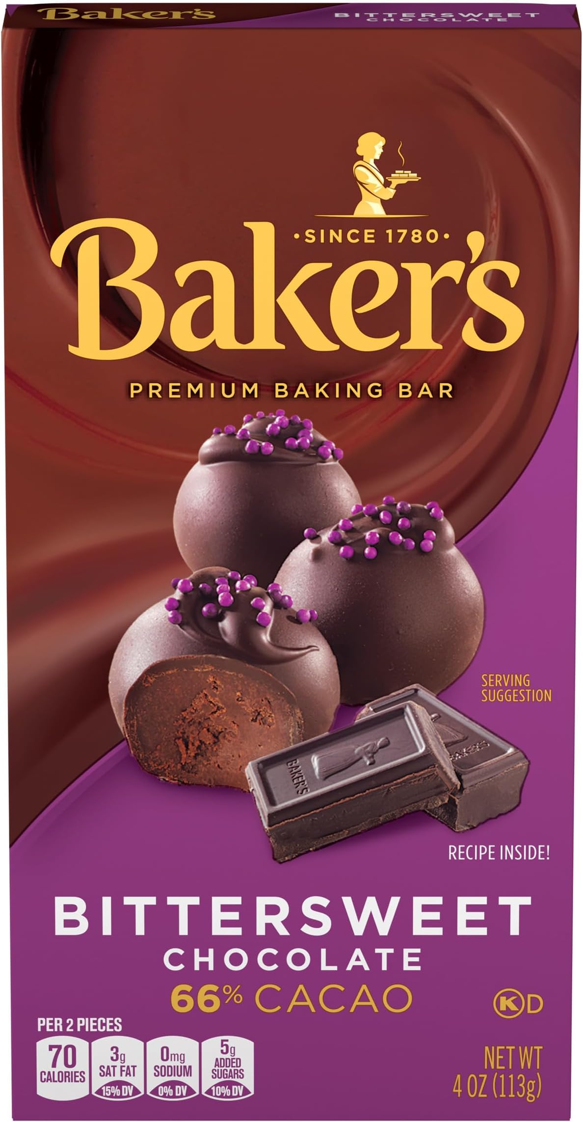 Baker's Bittersweet Chocolate Premium Baking Bar with 66% Cacao, 4 oz Box