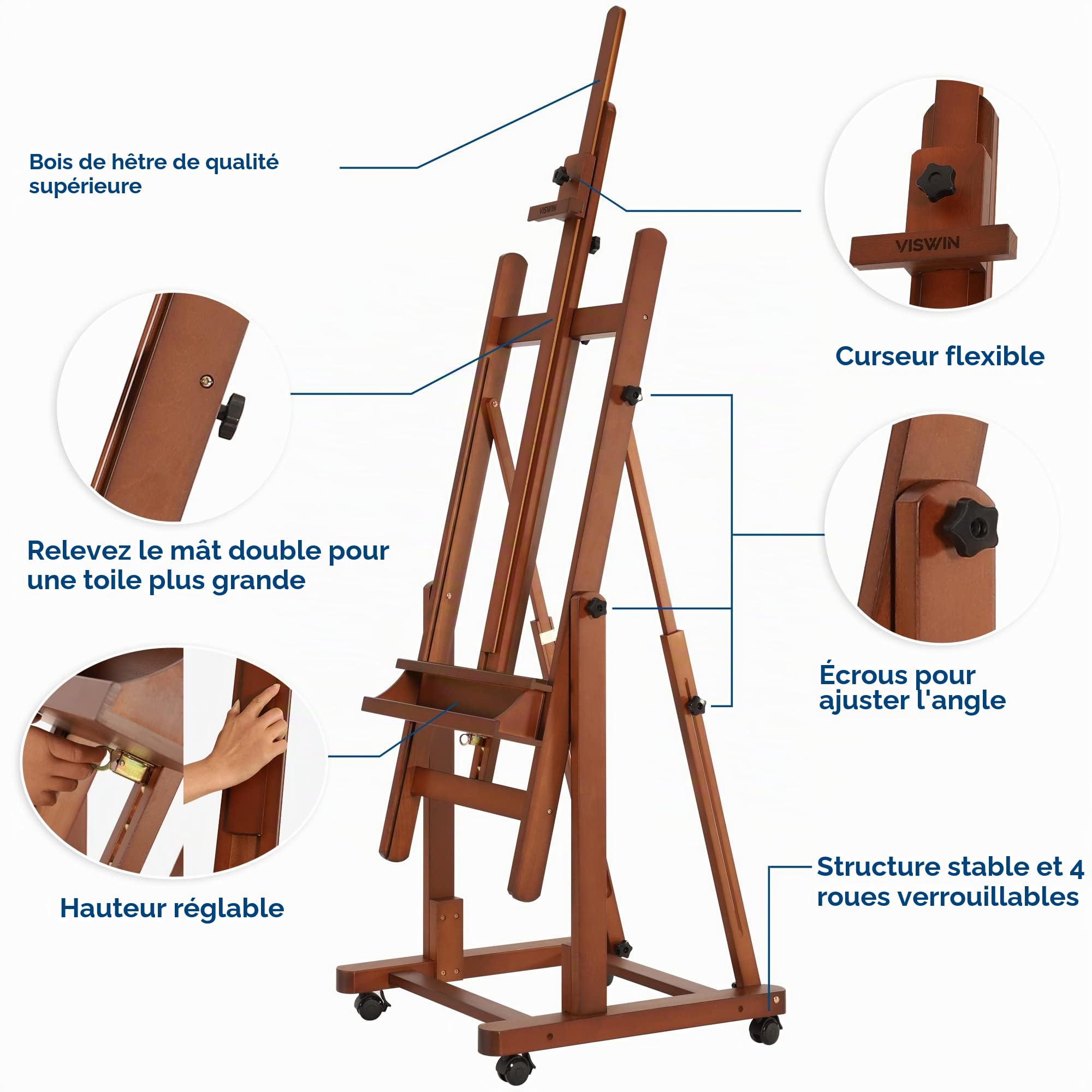 VISWIN Chevalet à cadre en H extra large, chevalet de studio convertible en bois de hêtre massif avec rangement, support de chevalet de peinture d'artiste réglable avec roues pour adulte