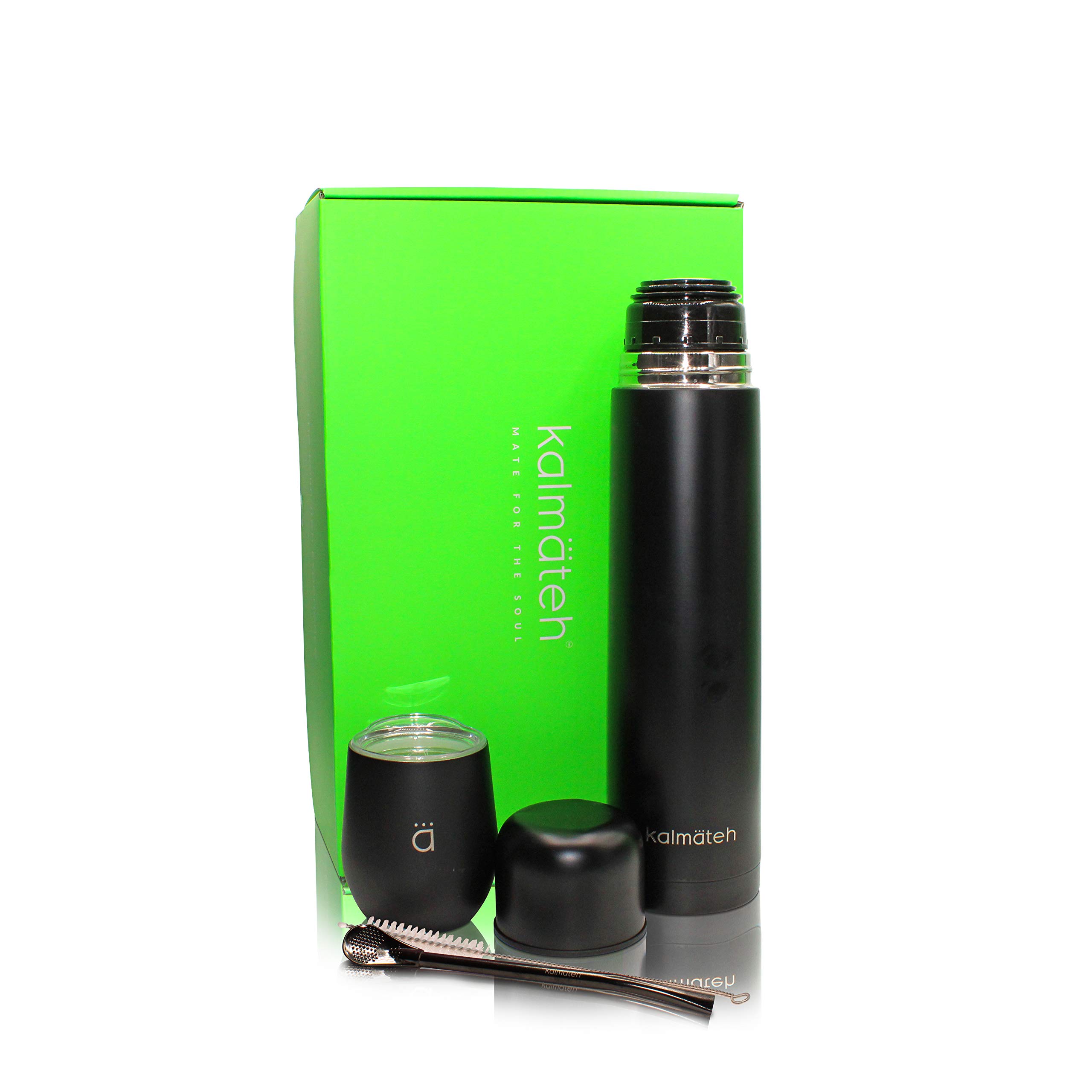 KalmatehYerba Mate Gourd and Thermos Set- Includes Innovative Yerba Mate Gourd, Vacuum Insulated Thermos, Bombilla Straw, Cleaning Brush and Gift Box (Matte Black, 1000ml)
