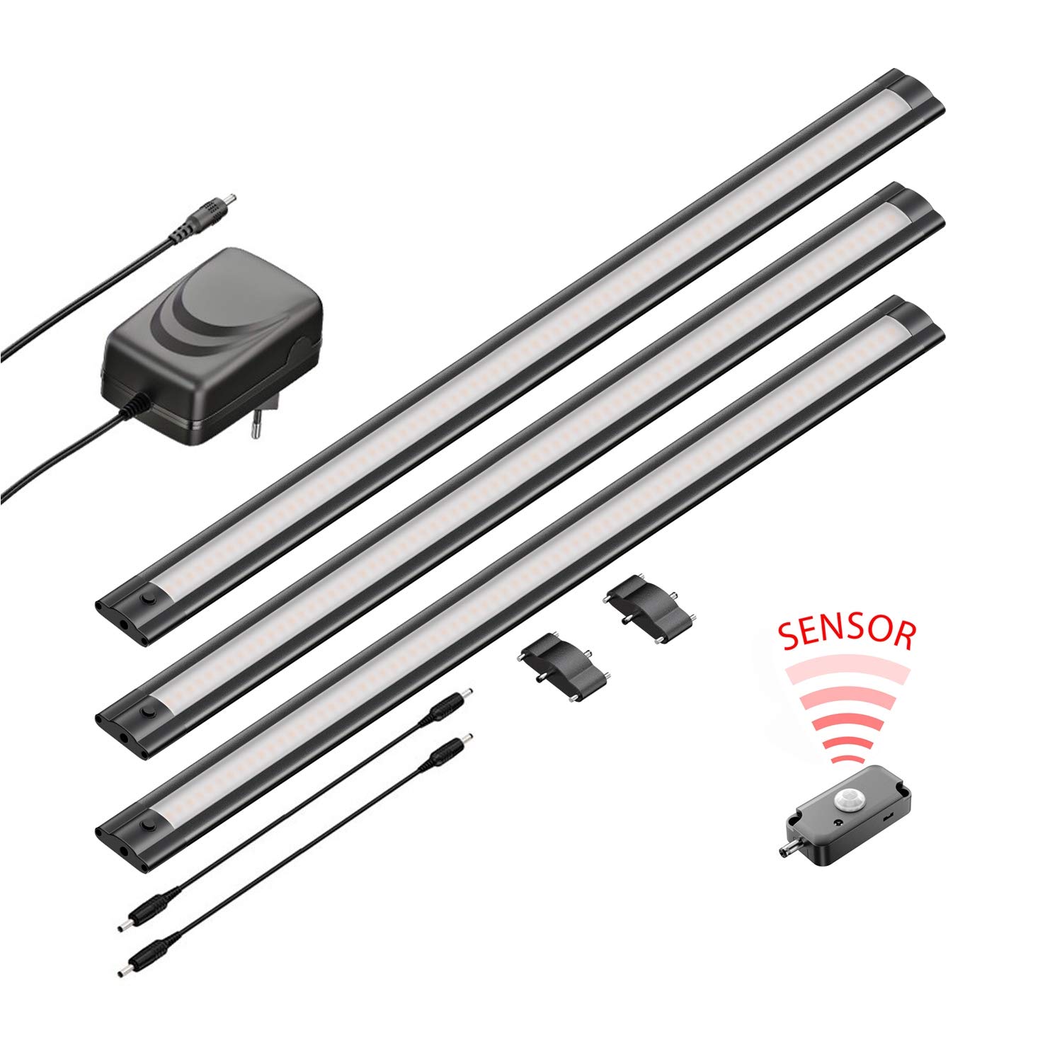 ledscom.de 3er Set LED Unterbau-Leuchte SIRIS schwarz matt mit Bewegungsmelder, flach, je 50cm, je 531lm, warmweiß