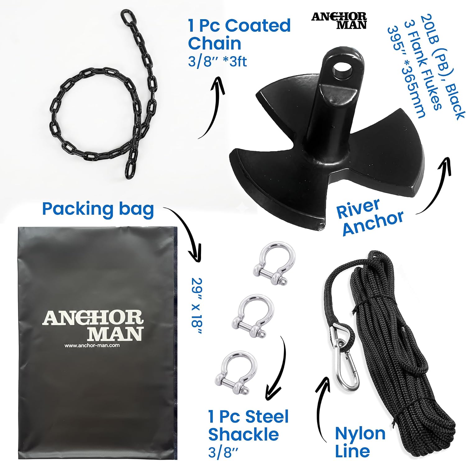 Anchor-Man River Anchor Kit 20 lb Vinyl-Coated Mushroom Anchor Set with 100 ft Rope, Chain, Shackle & Storage Bag for Rivers, Lakes & Pontoons