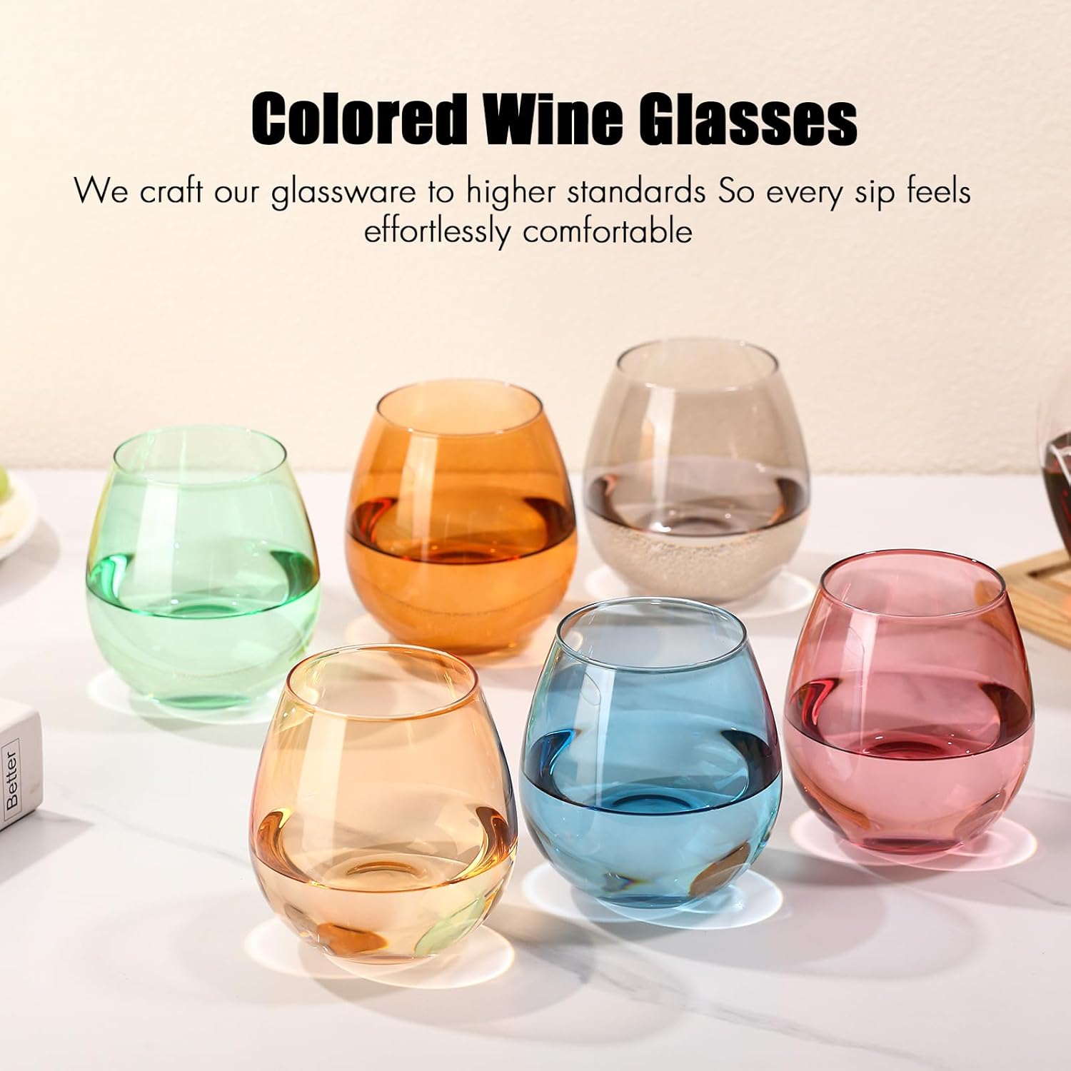 Colored Stemless Wine Glasses Set of 6-15 oz Hand-Blown Crystal Colored Glassware, Multicolor Drinking Glasses, Wedding, Birthday, Christmas, Housewarming Gifts for Women - Image 7