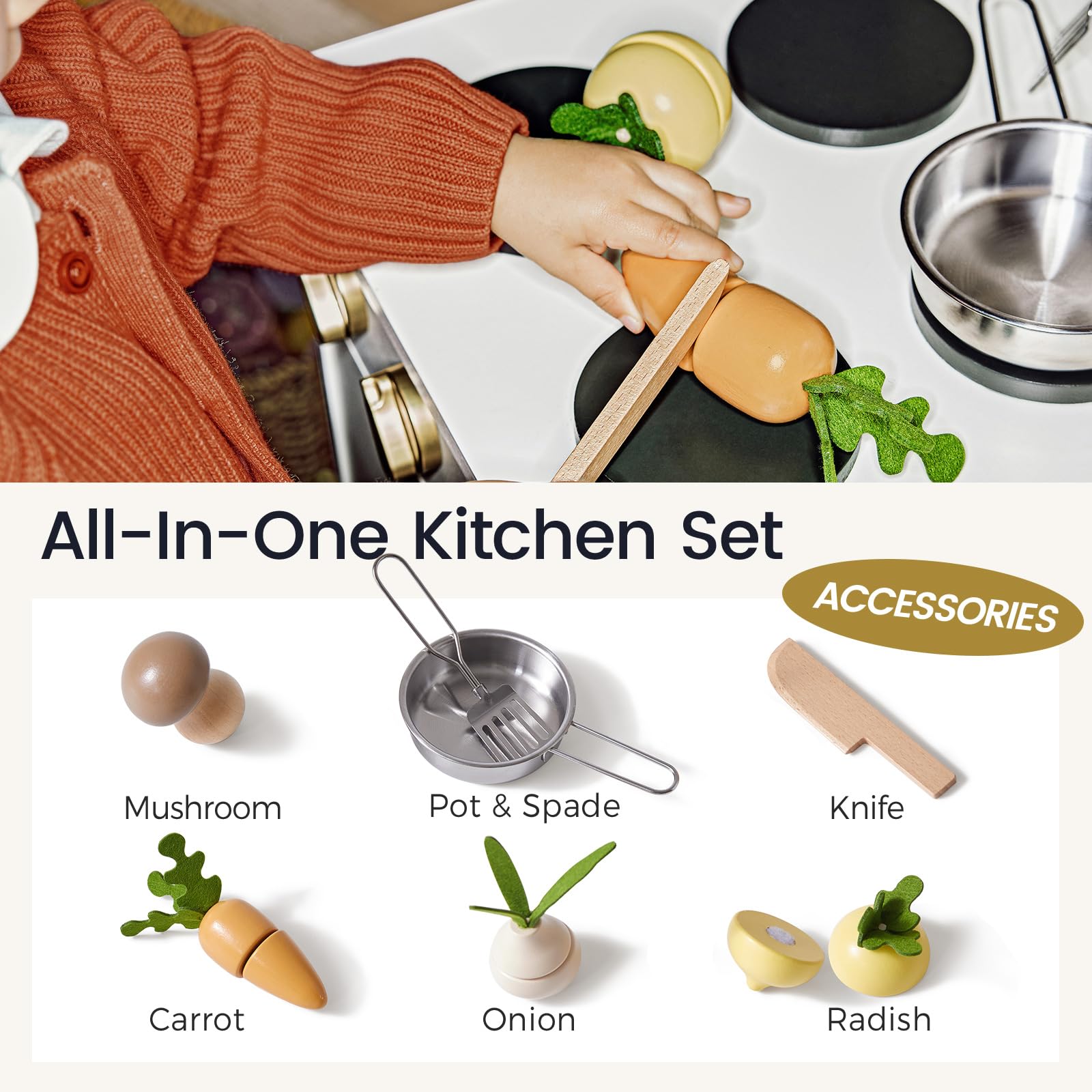 Tiny Land Play Kitchen, Kids Kitchen Playset, Toddler Kitchen with Cutting Food Set, Wooden Kitchen Sets for Kids, Best Gift for Girls and Boys