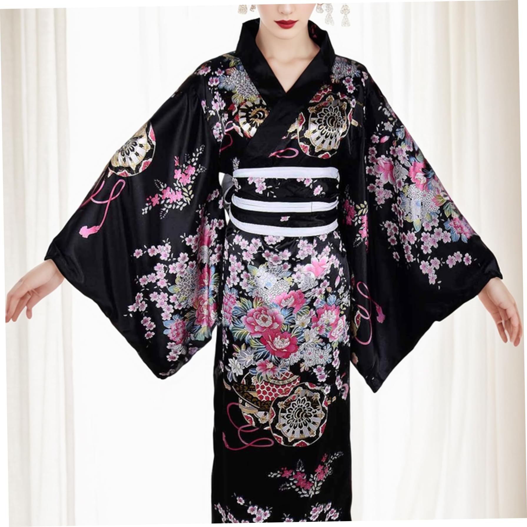 Yeory Yukata pour Femmes, Motif Floral de Robe Japonais, Robes de Kimono en Fleur Traditionnelle, Robe de Chambre Japonaise Noire