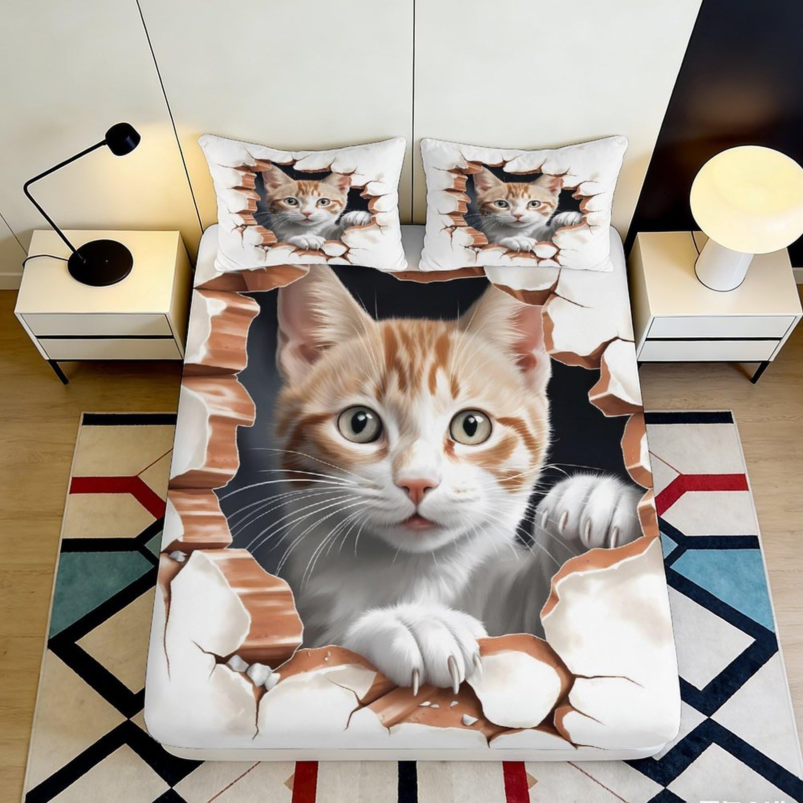 K1r3d9e5 Style-5 3D Printed Cat Wall Fitted Sheet Microfiber Soft Breathable Kitten Breakthrough Bed Cover For Bedroom Dorm Decor 90X200x25cm