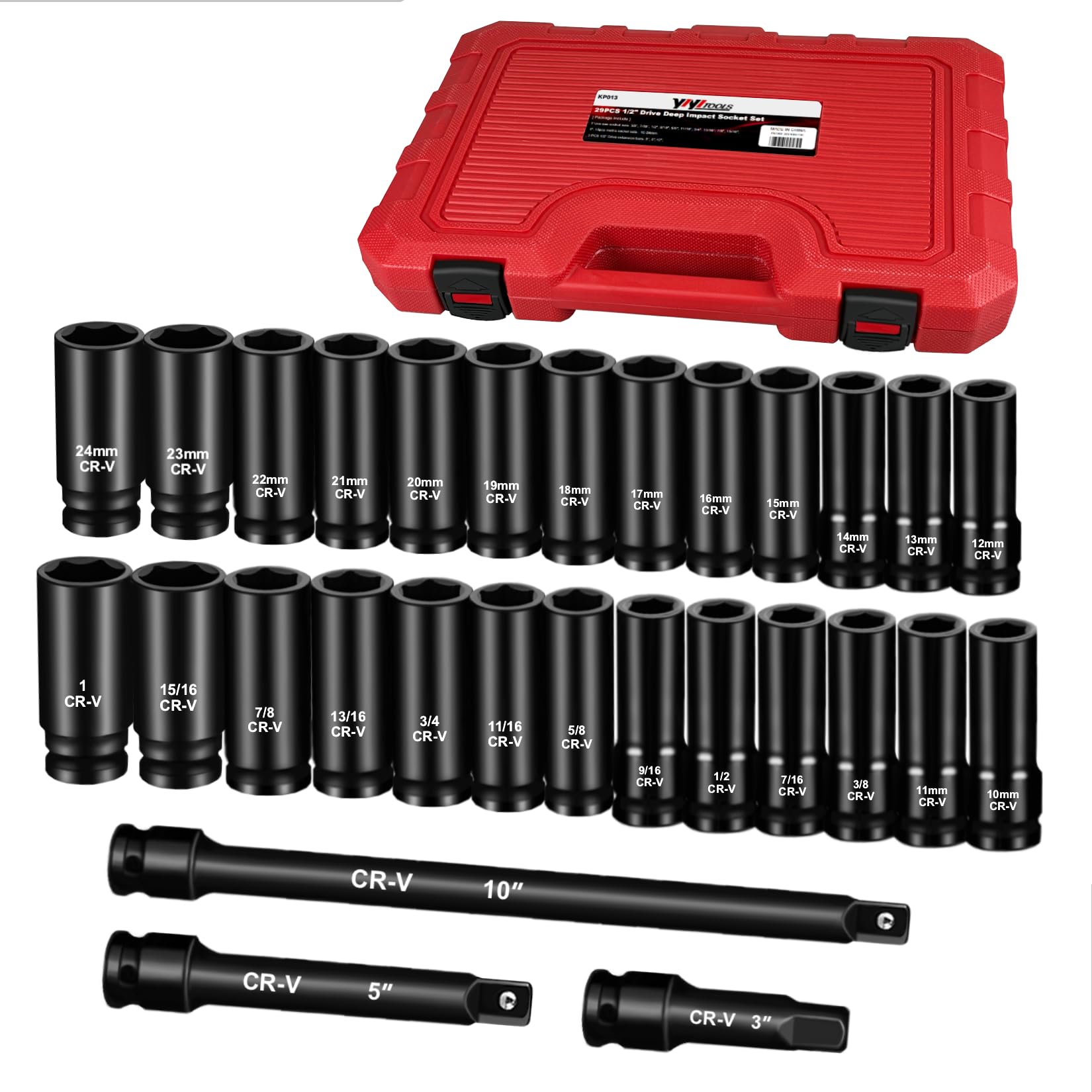 YIYITOOLS 29‑Piece 1/2" Impact Socket Set, SAE &amp; Metric with Extension Bar