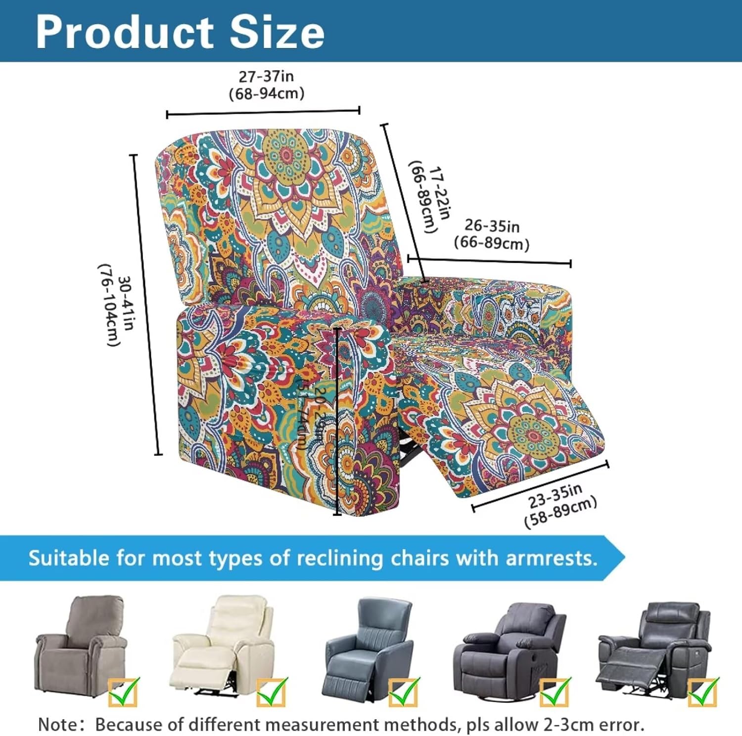 Boho Mandala Recliner Covers Washable with Pocket Anti Slip Easy to Install Chair Covers for Living Room Stretch Reclining Sofa Slipcover Furniture Protector