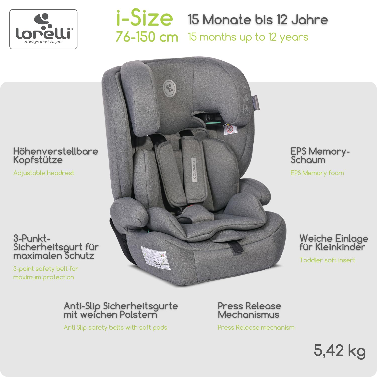 Lorelli Fotelik samochodowy Colombo i-Size, rosnący wraz z dzieckiem fotelik samochodowy dla dzieci w wieku 76-150 cm, fotelik dziecięcy, regulowany zagłówek, 5-punktowy pas bezpieczeństwa, szary
