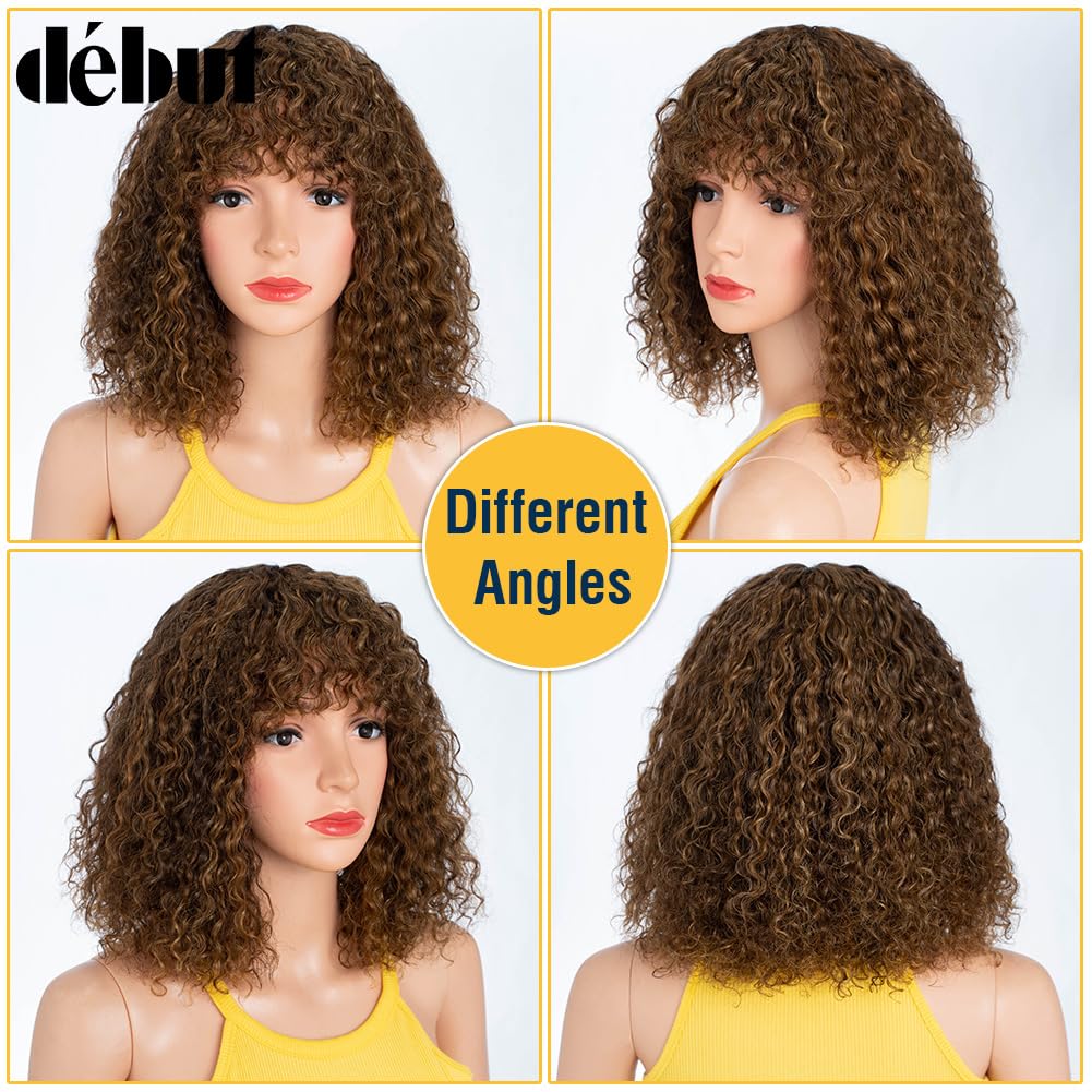 Peluca de pelo humano con flequillo corto y rizado Bob peluca de pelo humano Jerry Curl Bob peluca para mujeres negras 150% densidad sin encaje frontal peluca sin pegamento (30 cm, P4/30/27)