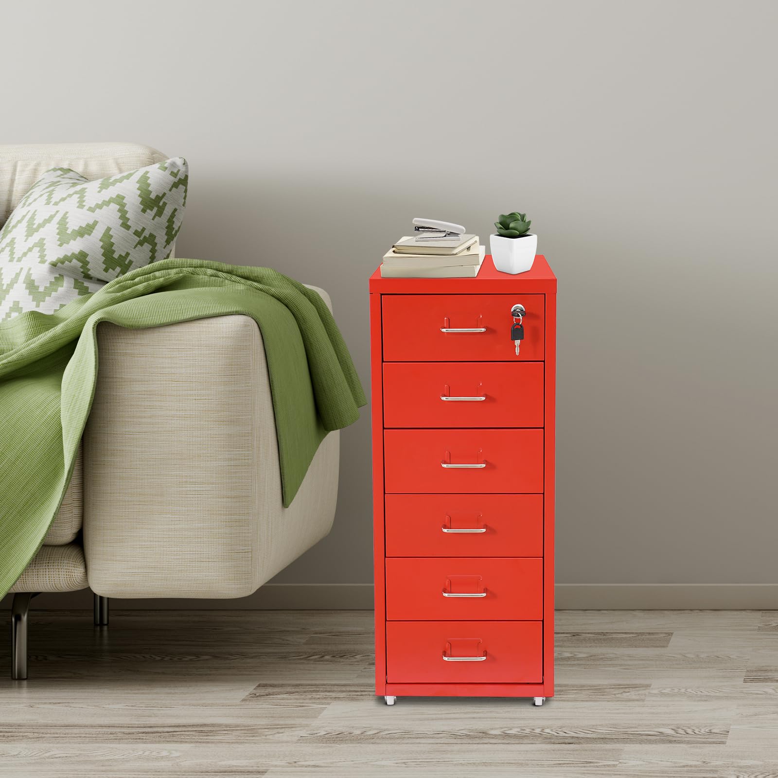 Armadietto mobile verticale a 6 livelli, armadietto portaoggetti per casa e ufficio, con cassetti in metallo, contenitore con ruote, richiudibile, 28 x 41 x 69 cm (rosso)