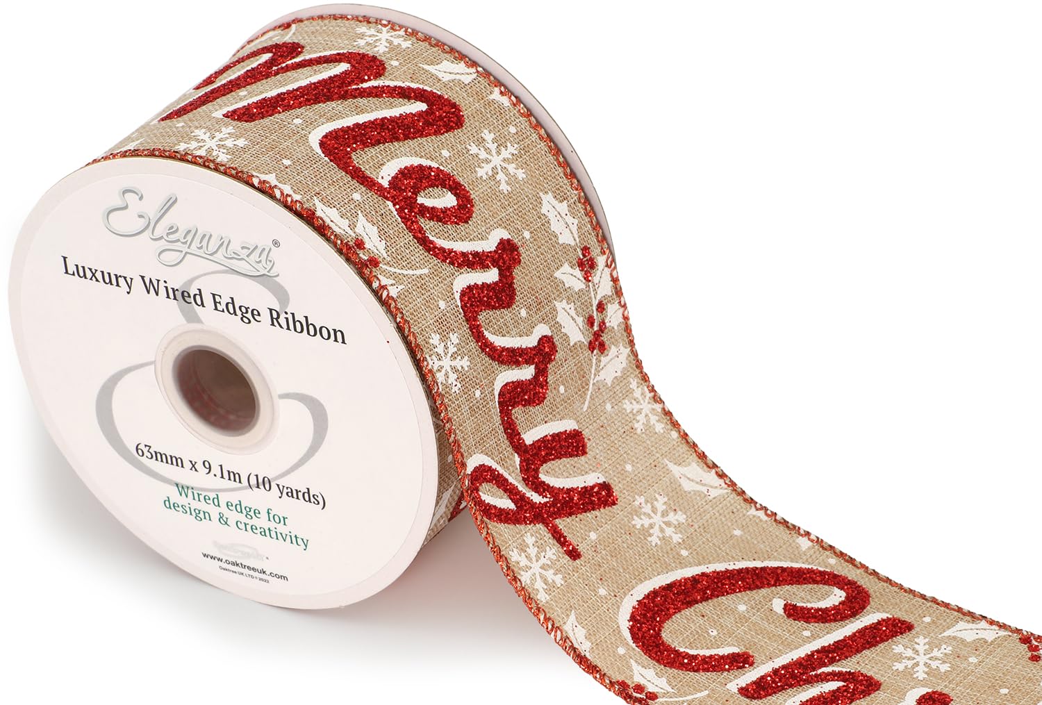 653986 Eleganza Wired Edge Glamorous Merry Christmas 63mm x 9.1m Design No.417 Natural/Red