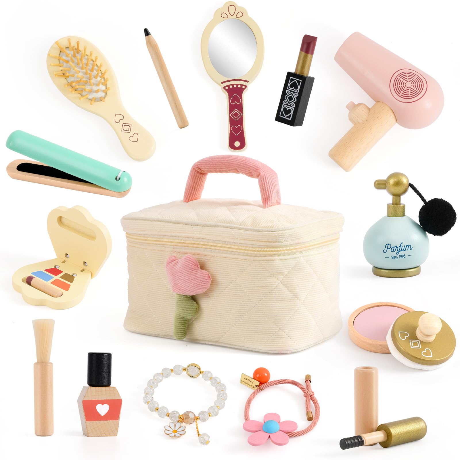 Atoylink Set Maquillaje de Madera Niña, Kit Maquillaje Niña con Set Peluqueria Juguete Bolso de Cosméticos Juguete de Maquillaje Juguete de Madera Cumpleaños Regalo para Niñas 3 4 5 6 7 Años