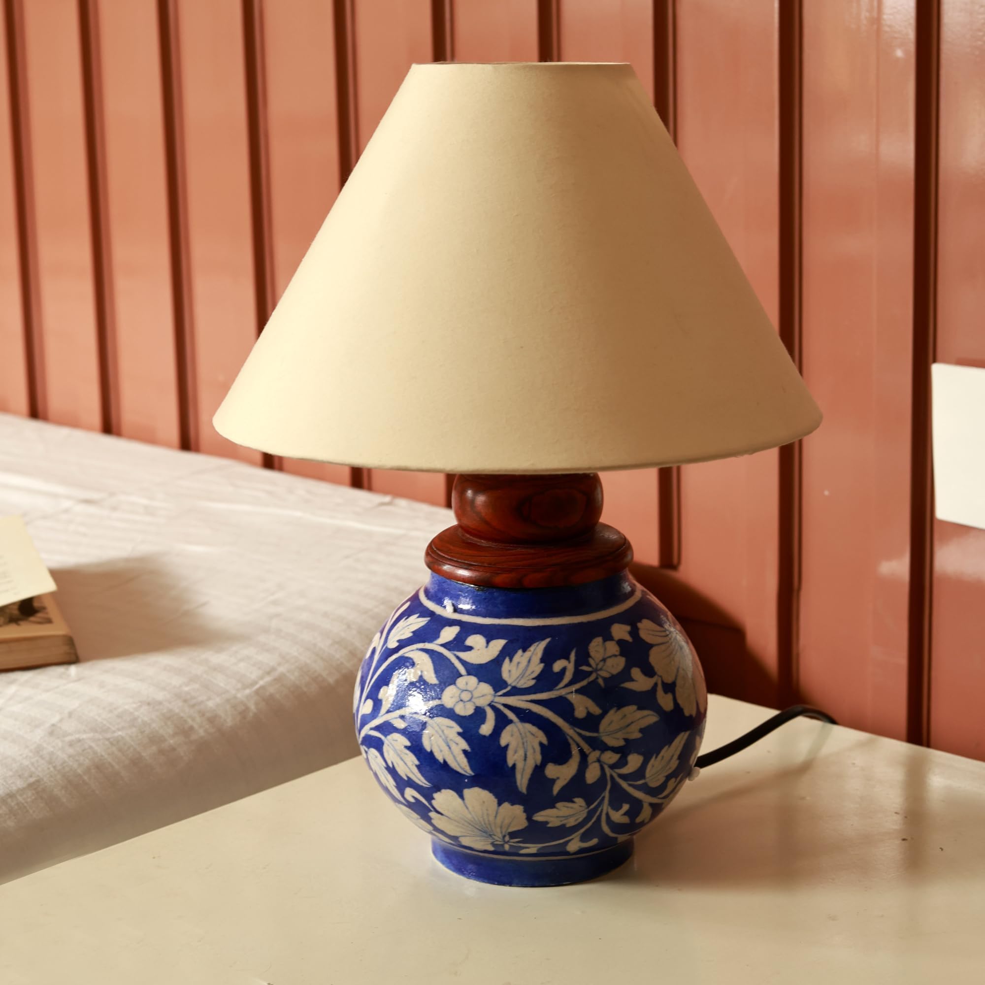 Unravel India Matka Decorative Table Lamp | Bedside LED Desk Lamp for Home Decoration, Living Room & Bedroom | Night Lighting Decor | Stylish Floral Gift | Off-White Shade (Blue & White)-image-25