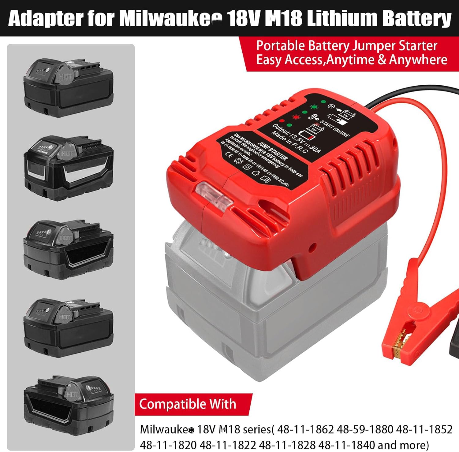 Car Jump Starter Adapter for Milwaukee M18 18V Battery,Portable Car Battery Jumper Starter with 12V Jumper Cable Clamps for 3.5L Vehicles (Not Included Battery)