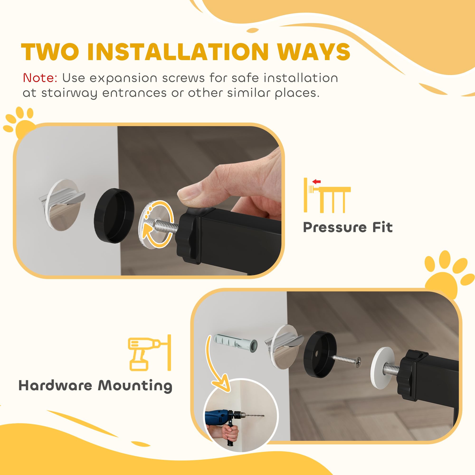 Barriera per cane PawHut Cancelletto regolabile 76-104 cm Barriera di sicurezza cane con 2 estensioni e doppia chiusura per scale e porte Nero