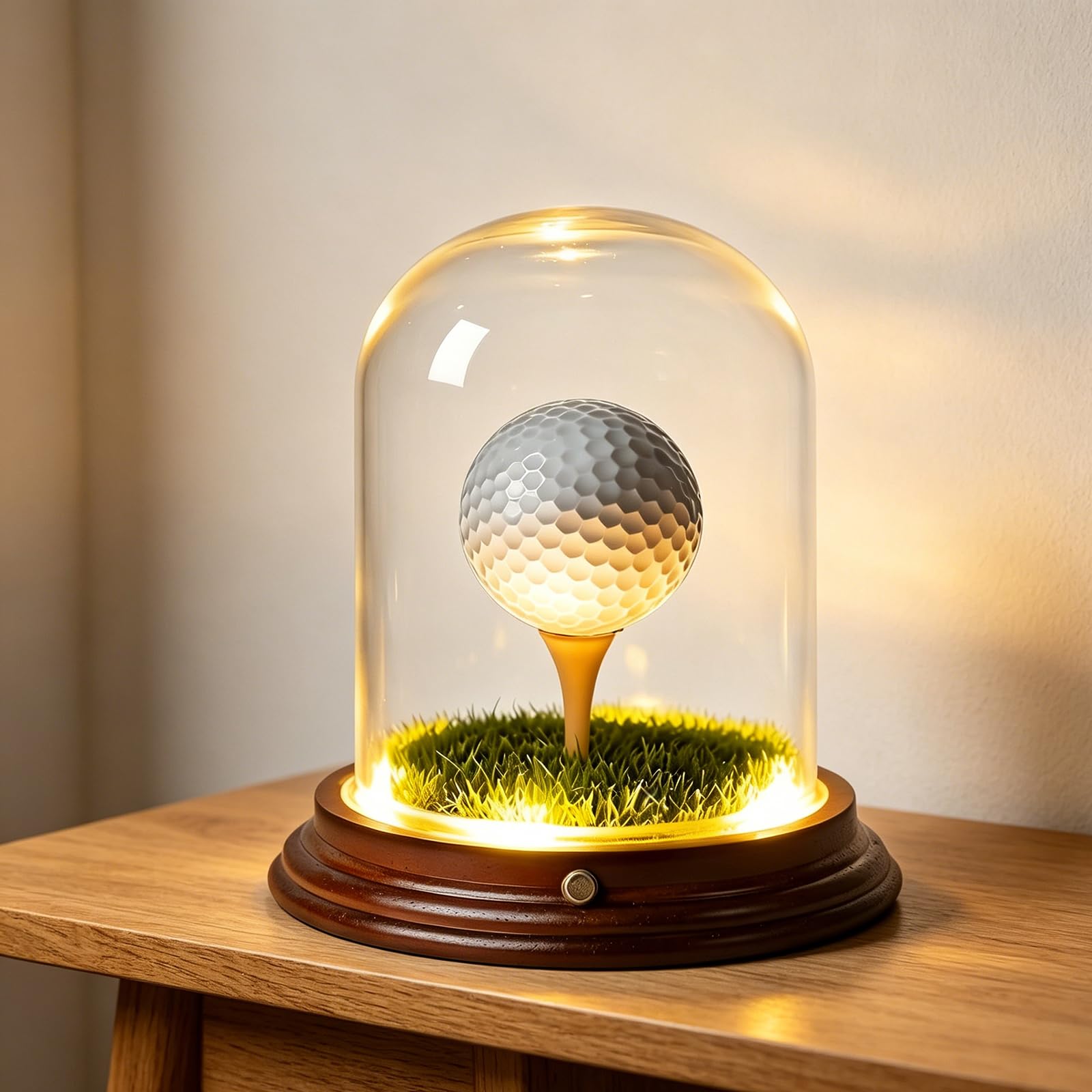 Vitrina para pelotas de golf con iluminación LED, soporte de recuerdo de cristal transparente con base de madera, soporte para pelotas de golf para recuerdos y coleccionables (para 1 pelota