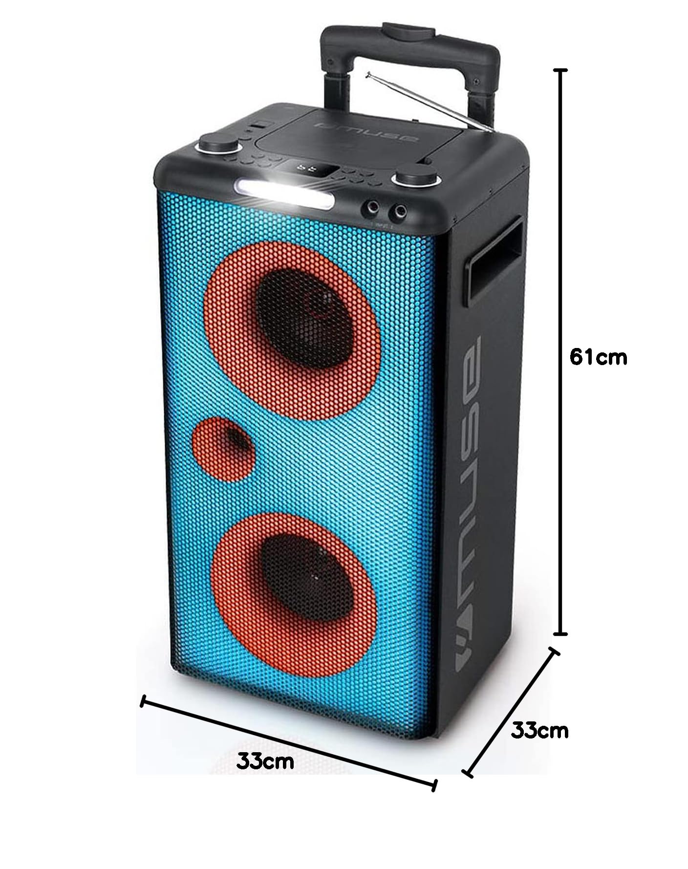 MUSE M-1928 DJ Trolley-Soundanlage, Komplett Beleuchtet mit Display, CD-Player und Radio, Akkubetrieben, mit Party-Licht-Effekten, Mobile Musikbox, Bluetooth Lautsprecher mit Mikrofon