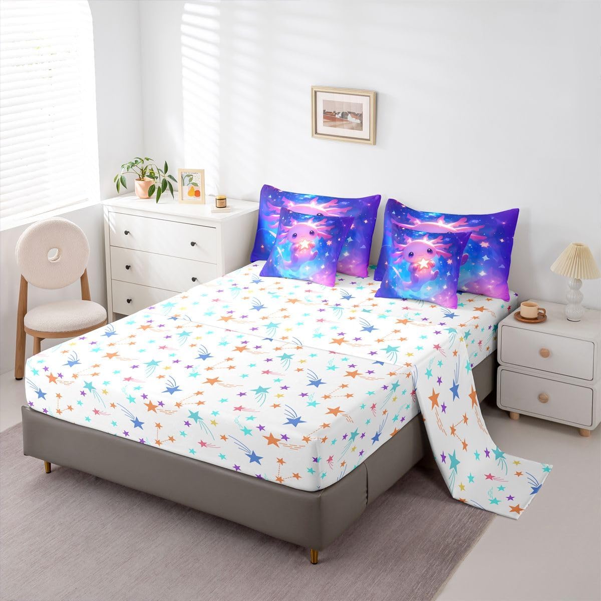 3D Kawaii Axolotl 7 Pieces Bedding Set Twin Size,Starry Sky Galaxy Bed in a Bag,Cartoon Salamander Bed Set Includes Comforter,Sheet Set,Pillowcases & Pillow Covers,Outer Space Bedroom Decor