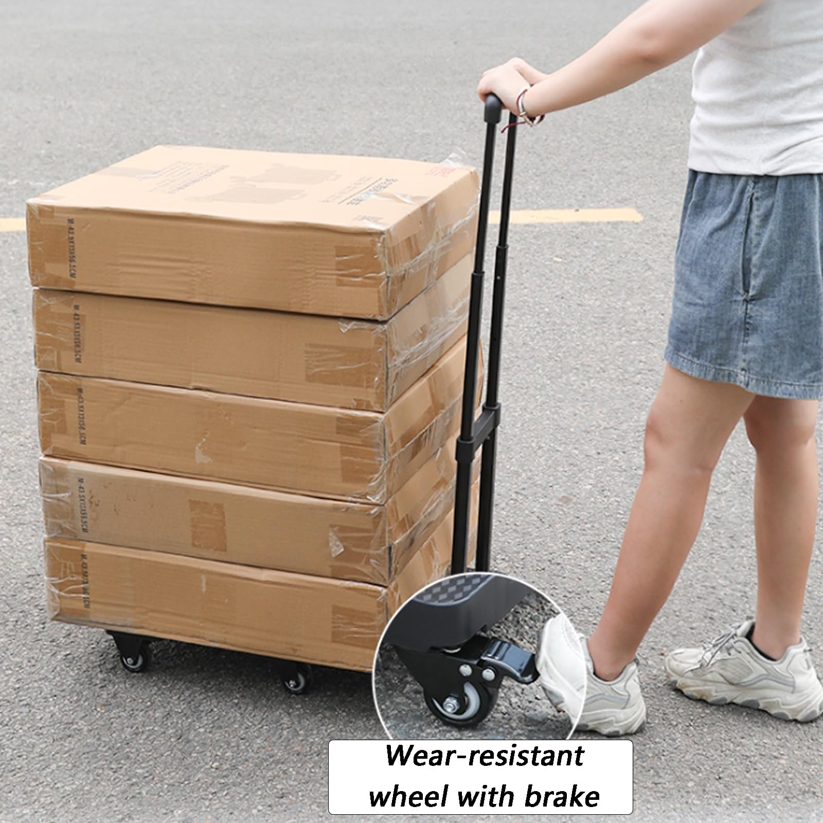 Plattformwagen, Tragfähigkeit 200 kg, verstellbare Zugstangenhöhe, for Umzug, Reisen(Black,Small)