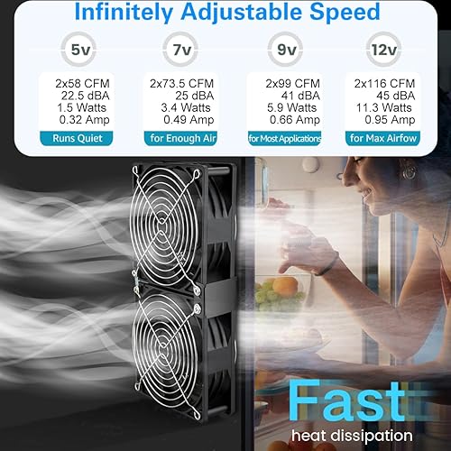 Miniatura 4 de GDSTIME Ventilador de computadora dual de 4.724 in x 1.496 in con enchufe de CA, ventilador de velocidad variable de 110 V-240 V CA de 9.449 in para