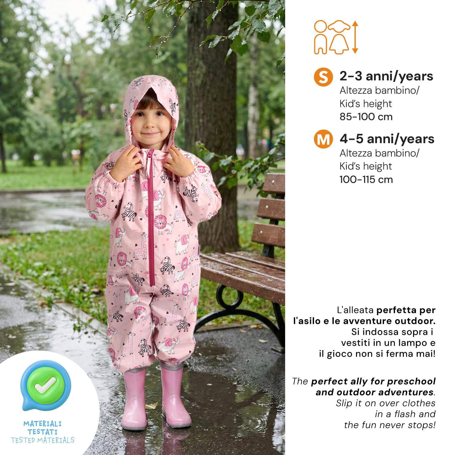 PERLETTI Combinaison de Pluie Enfant Imperméable - Veste Vetements Pluie à Capuche Garçon Fille Résistant Lèger avec Bandes Réfléchissantes