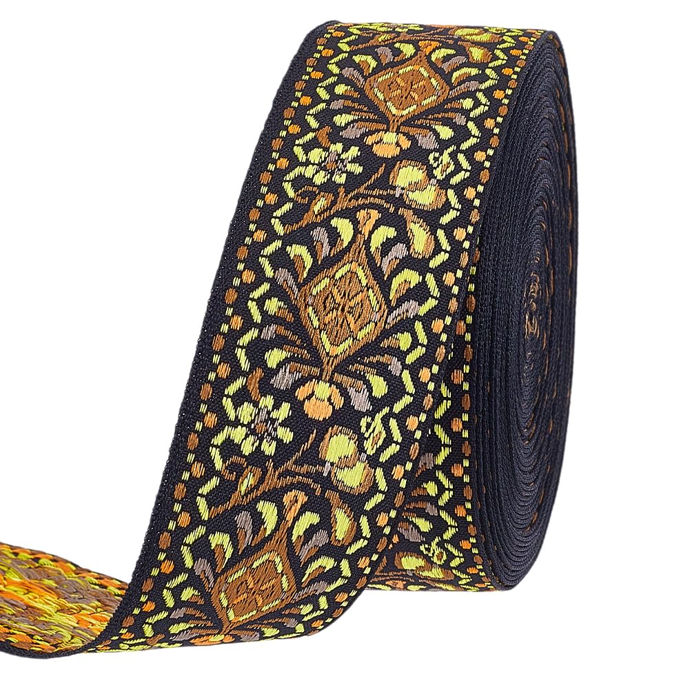 PH PandaHall 10 Yards Floral Embroidered Ribbon, 1.57 Inch Wide Boho Jacquard Fabric Trim Ethnic Style Floral Ribbon for DIY Sewing Handmade Bag Strap Clothing Furniture Decoration, Goldenrod