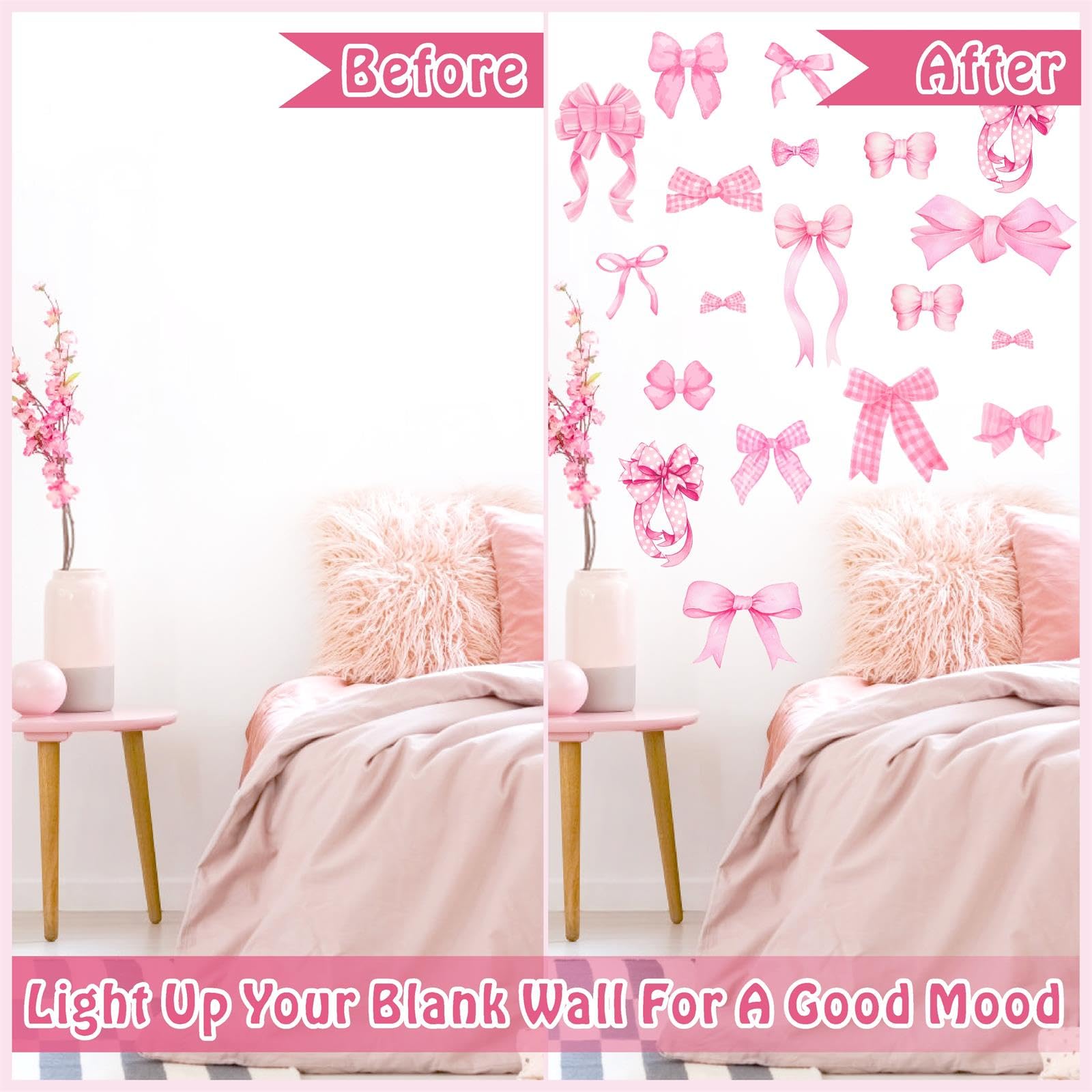 Pink Bow Wall Stickers Watercolor Girls Room Wall Decals Pink Bow Decor Bowtie Wall Sticker Decal for Nursery Peel and Stick Pink Polka Dot Wall Art Murals Wallpaper for Kids Baby Bedroom Gift - Image 3
