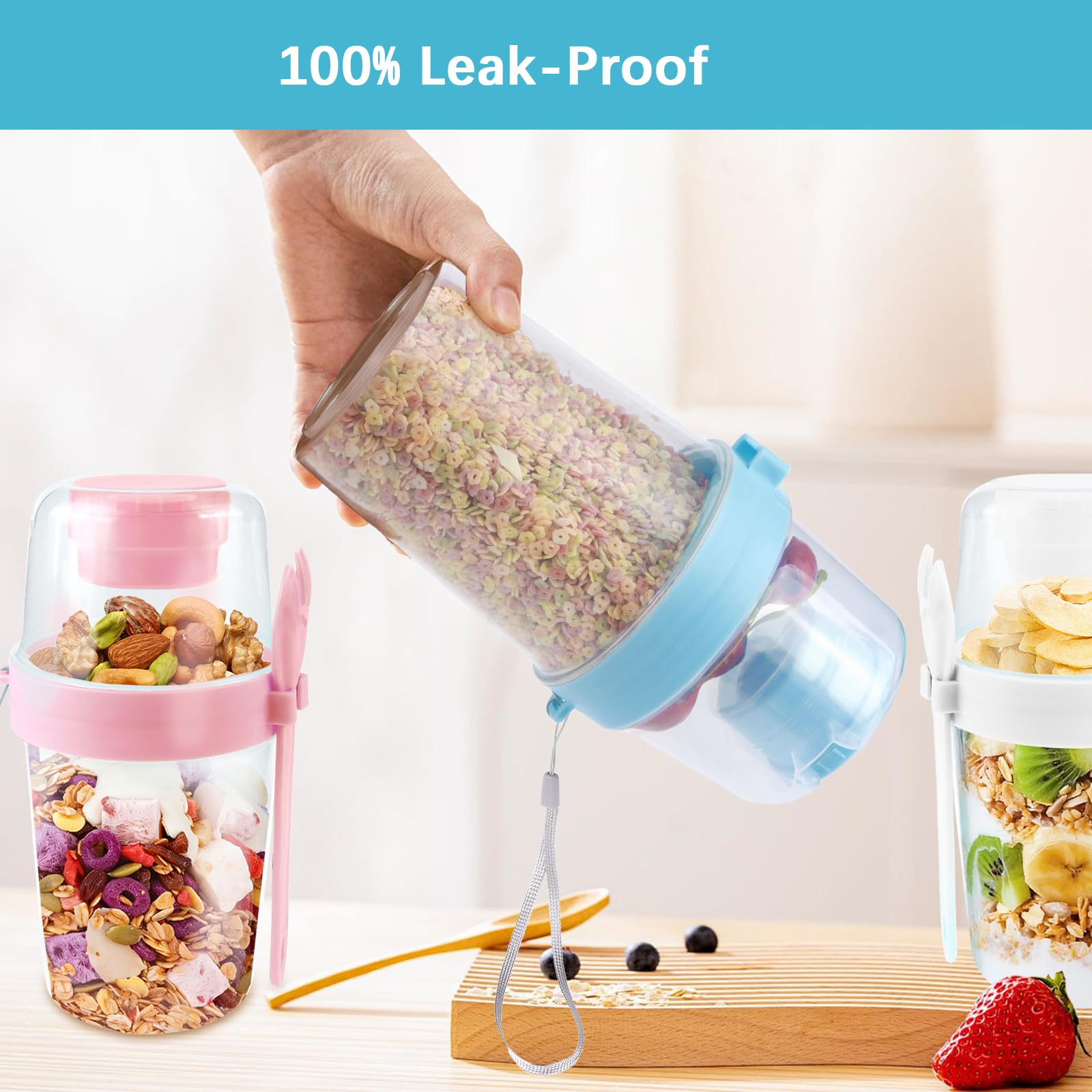 4 tazze per muesli, yogurt, insalata, con coperchio e cucchiaini, tazze per muesli da portare al lavoro o a scuola