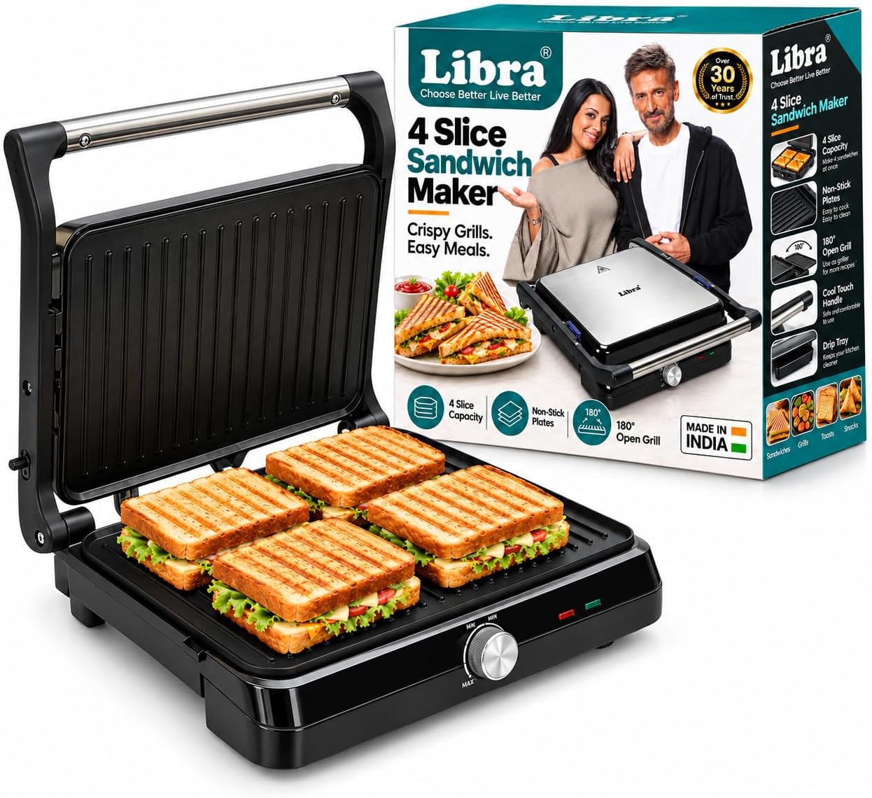 Libra Griller Sandwich Maker - 2000 W 4 Slice Sandwich Maker Electric With Non Stick Plates Opens to 180°, Cool Touch Handles, Temperature Control And Drip Tray,Black
