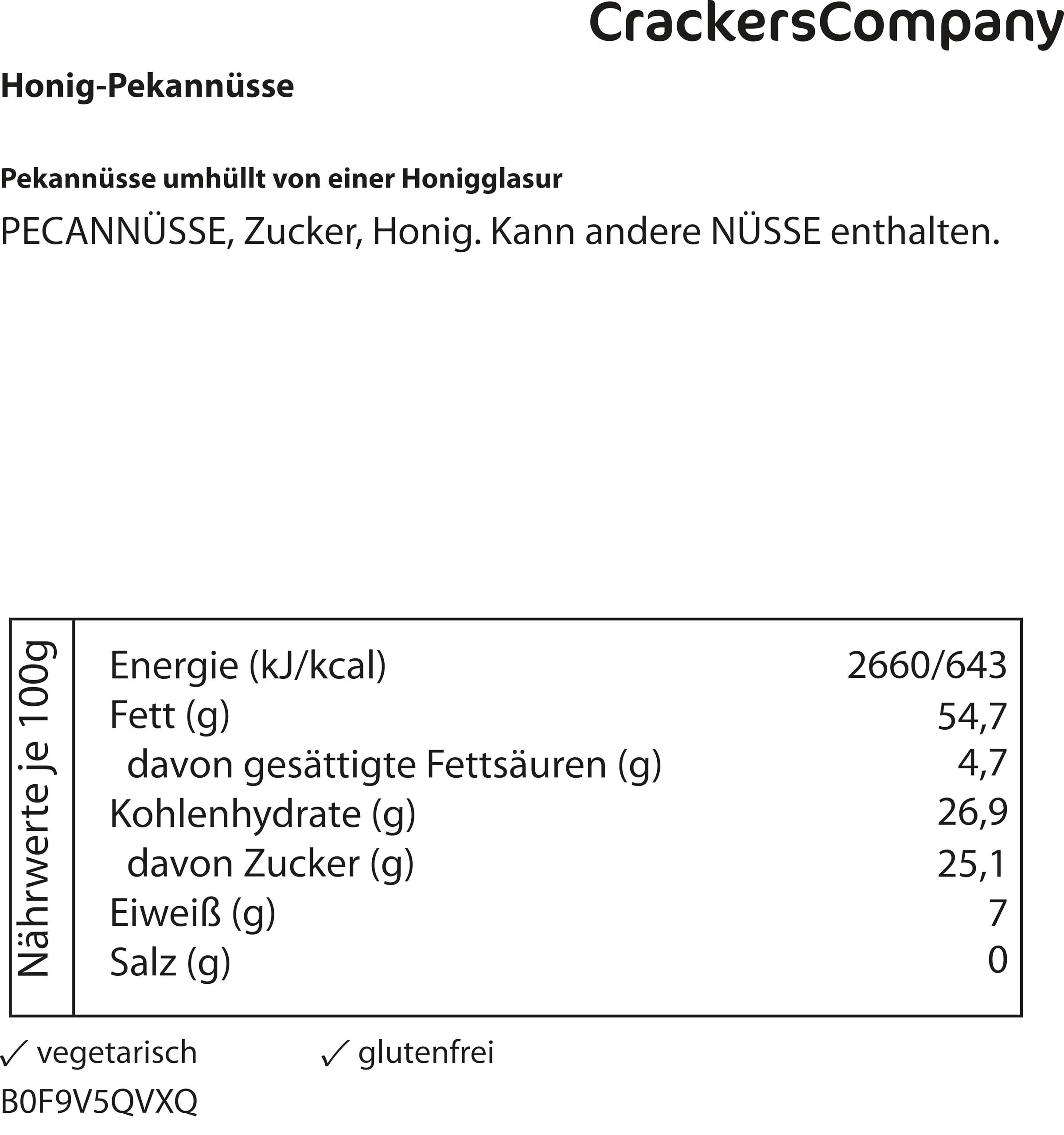 CrackersCompany Honig-Pekannüsse 600g – süß, edel, goldbraun